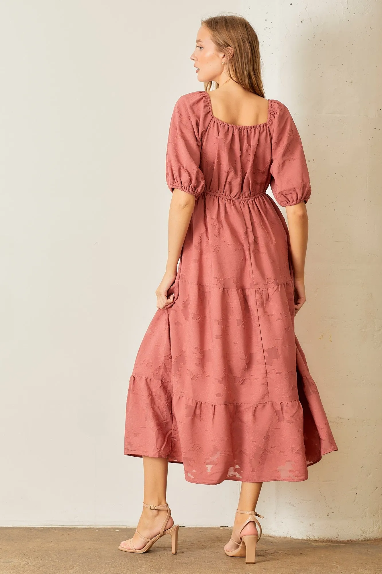 Mauve Floral Textured Tiered Midi Dress sold by Pinkblush product image thumbnail 3