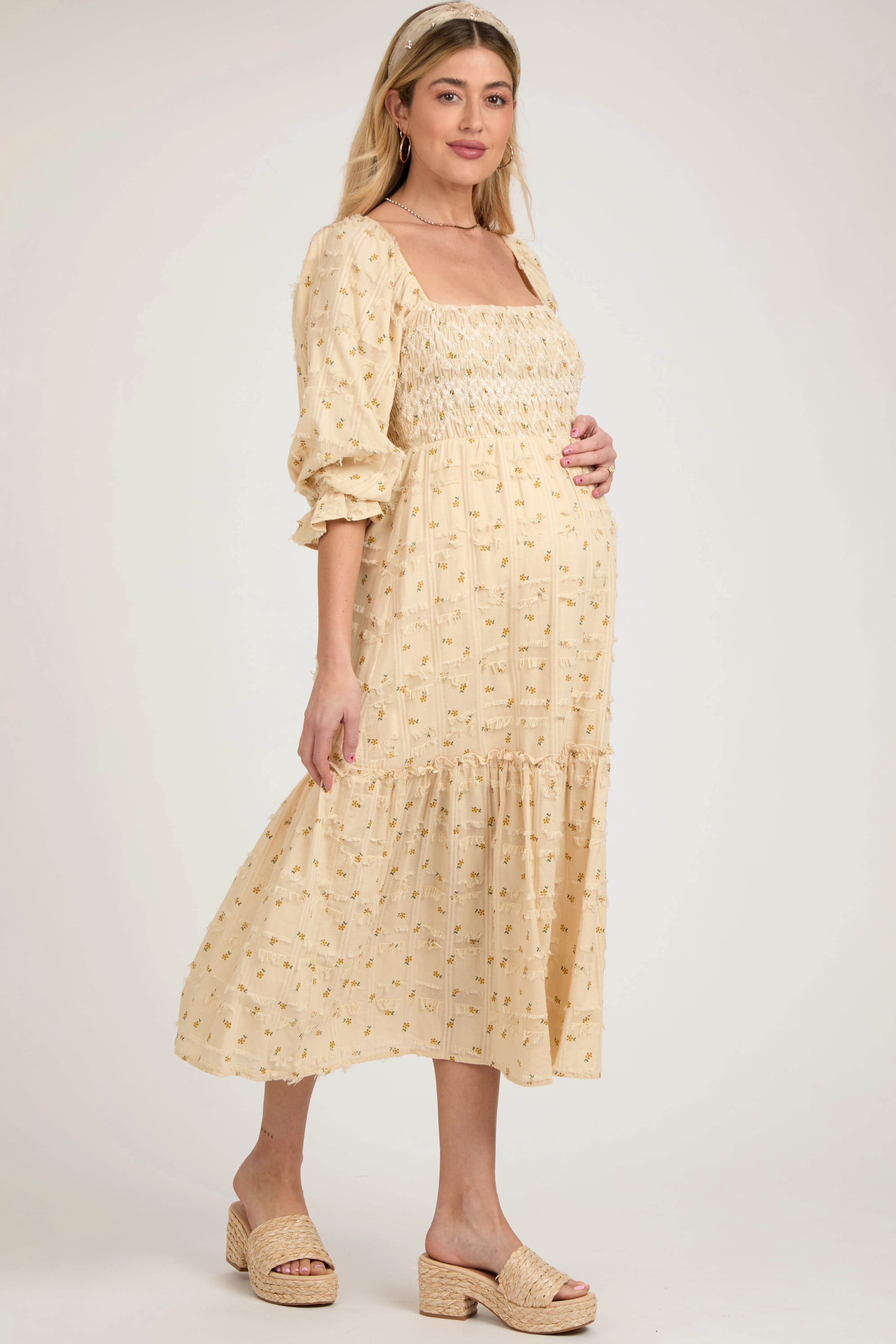 Beige Floral Square Neck Smocked Fringe Maternity Midi Dress sold by Pinkblush product image thumbnail 3