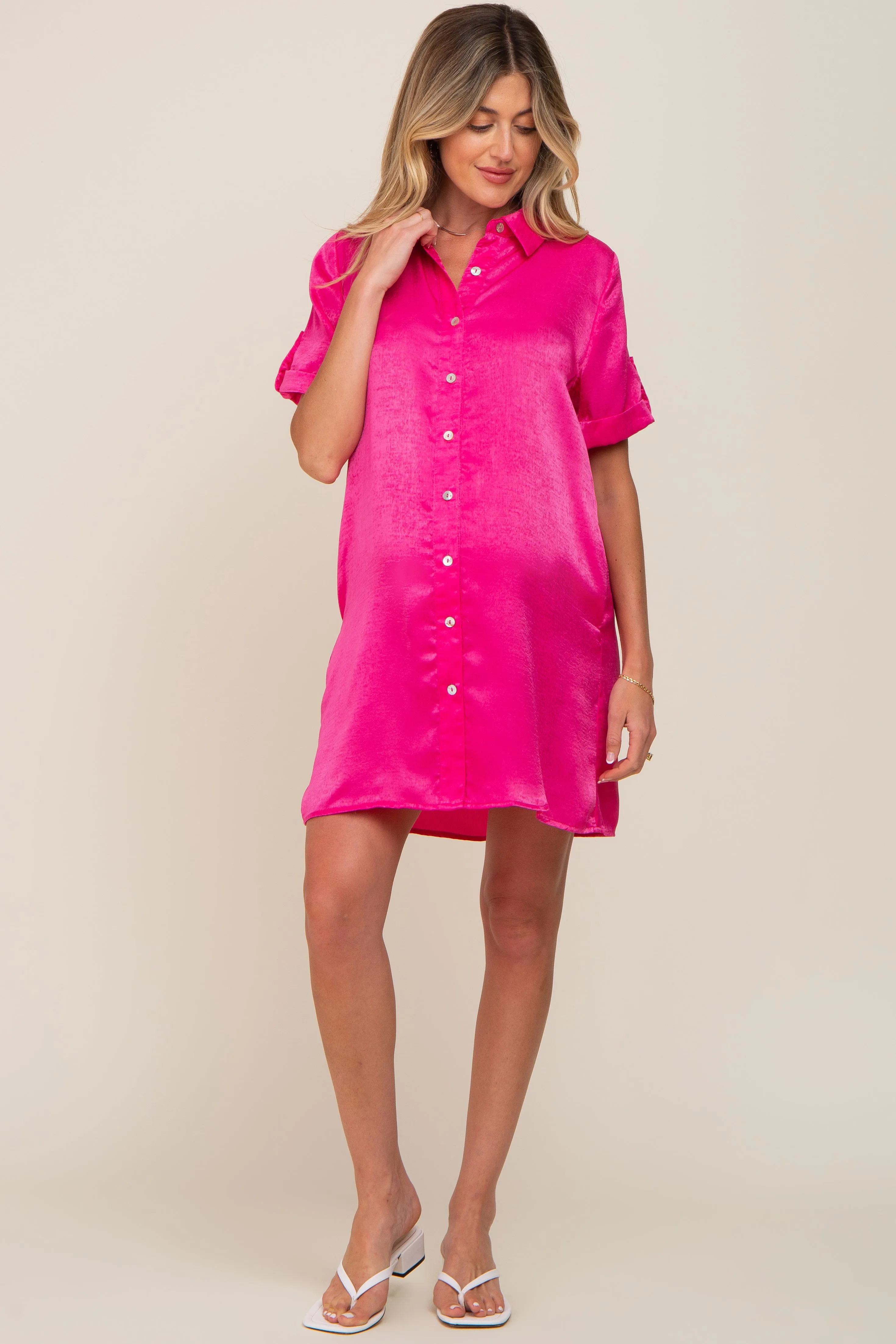 Fuchsia Satin Button Front Short Sleeve Maternity Dress sold by Pinkblush product image thumbnail 4