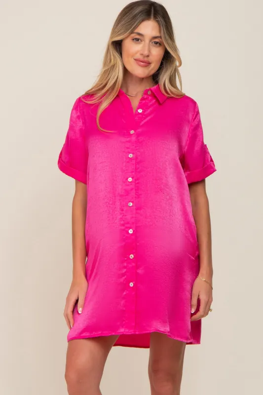 Fuchsia Satin Button Front Short Sleeve Maternity Dress sold by Pinkblush