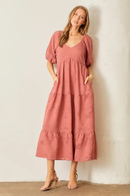 Mauve Floral Textured Tiered Midi Dress sold by Pinkblush