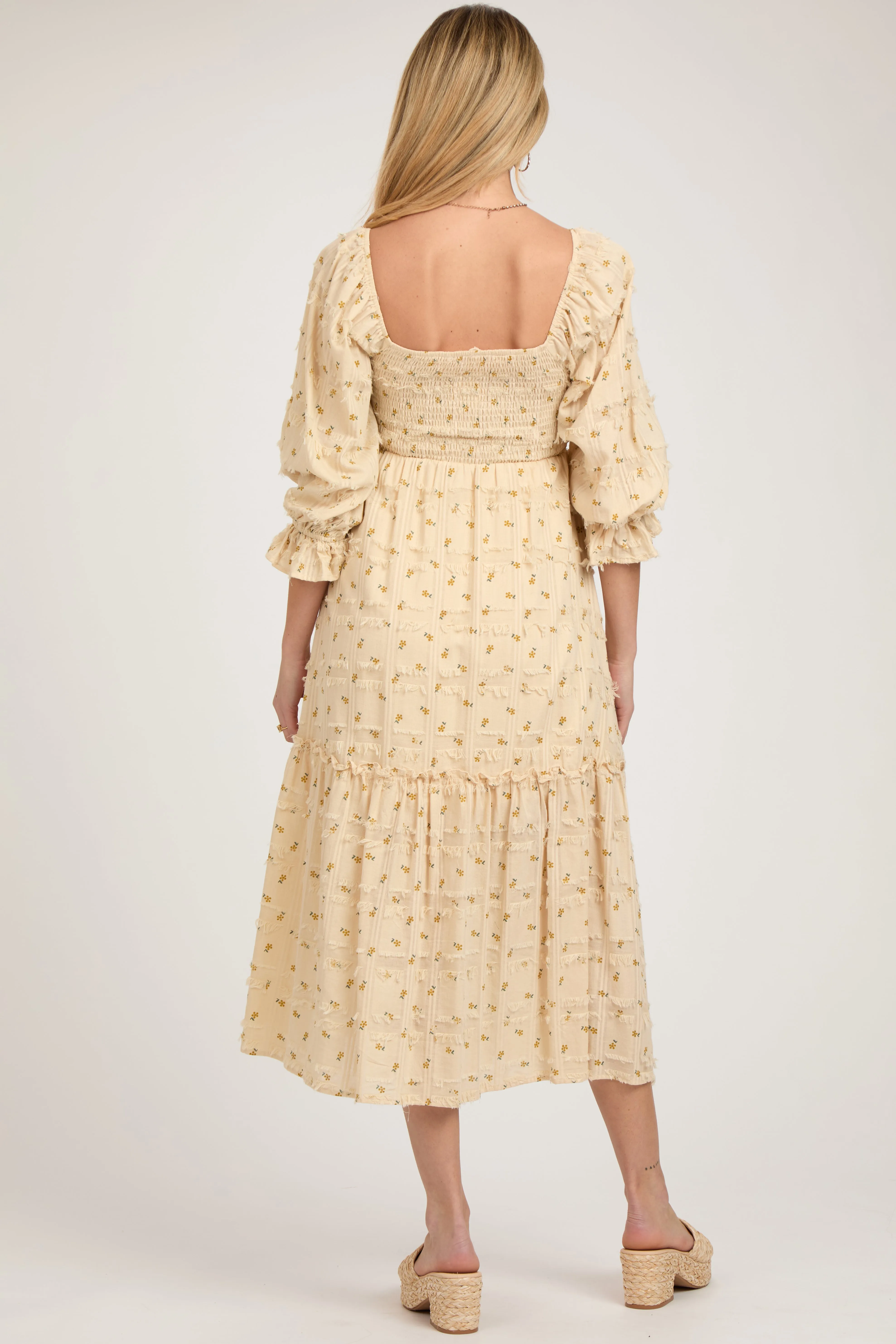 Beige Floral Square Neck Smocked Fringe Maternity Midi Dress sold by Pinkblush product image thumbnail 4