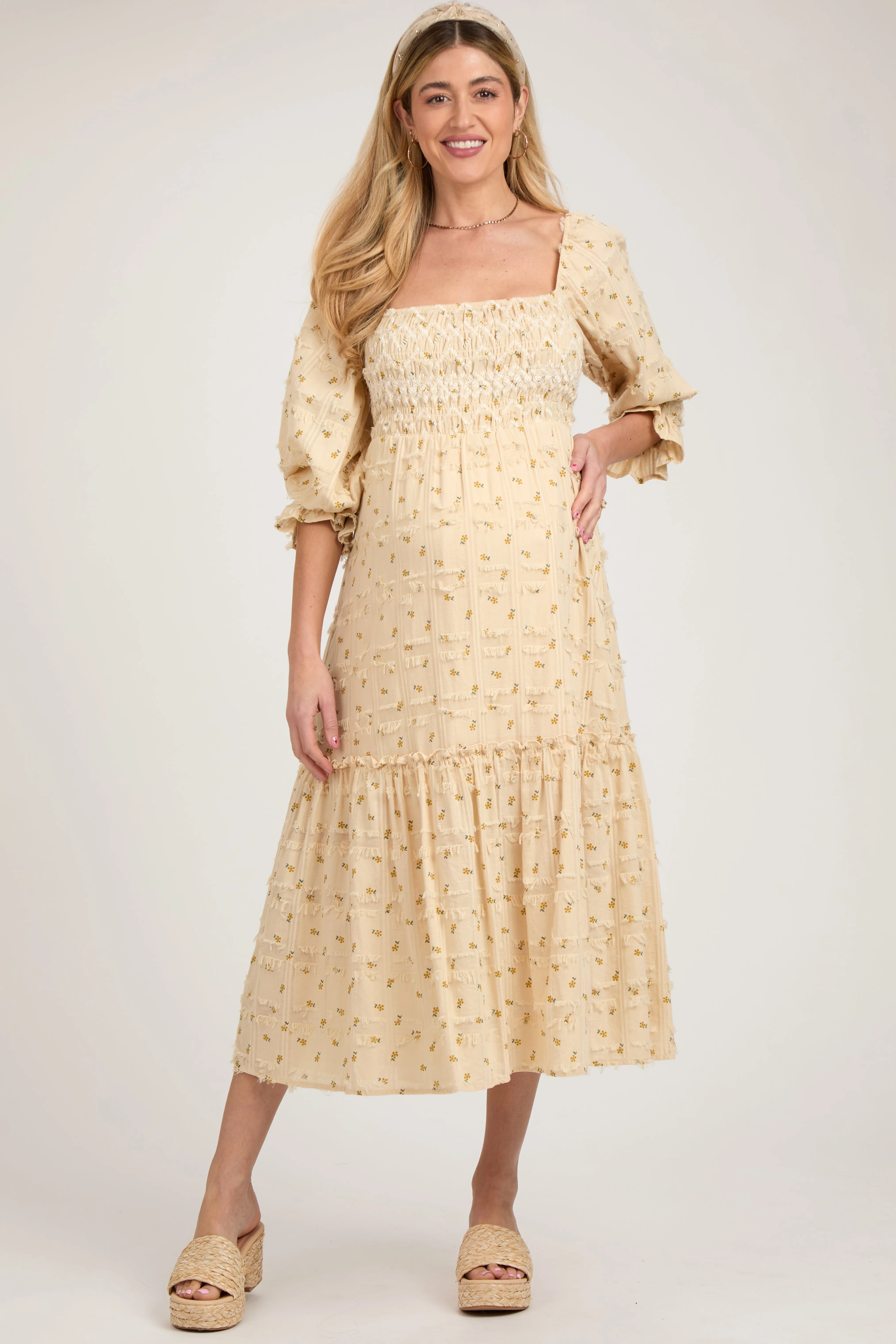Beige Floral Square Neck Smocked Fringe Maternity Midi Dress sold by Pinkblush