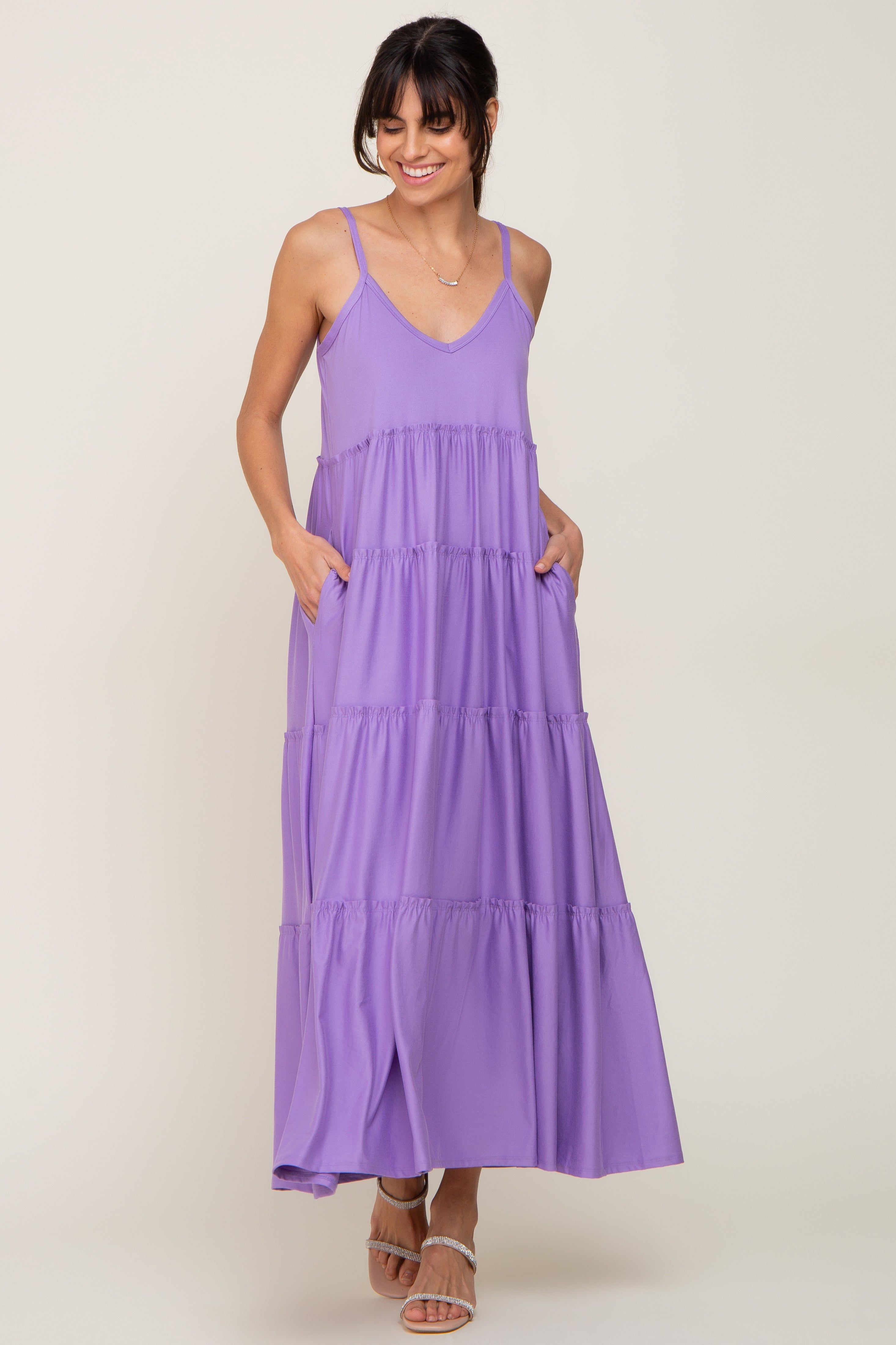 Lavender Tiered Sleeveless Maxi Dress sold by Pinkblush