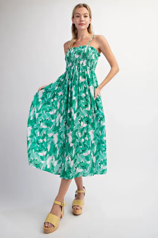 Green Abstract Floral Smocked Midi Dress sold by Pinkblush