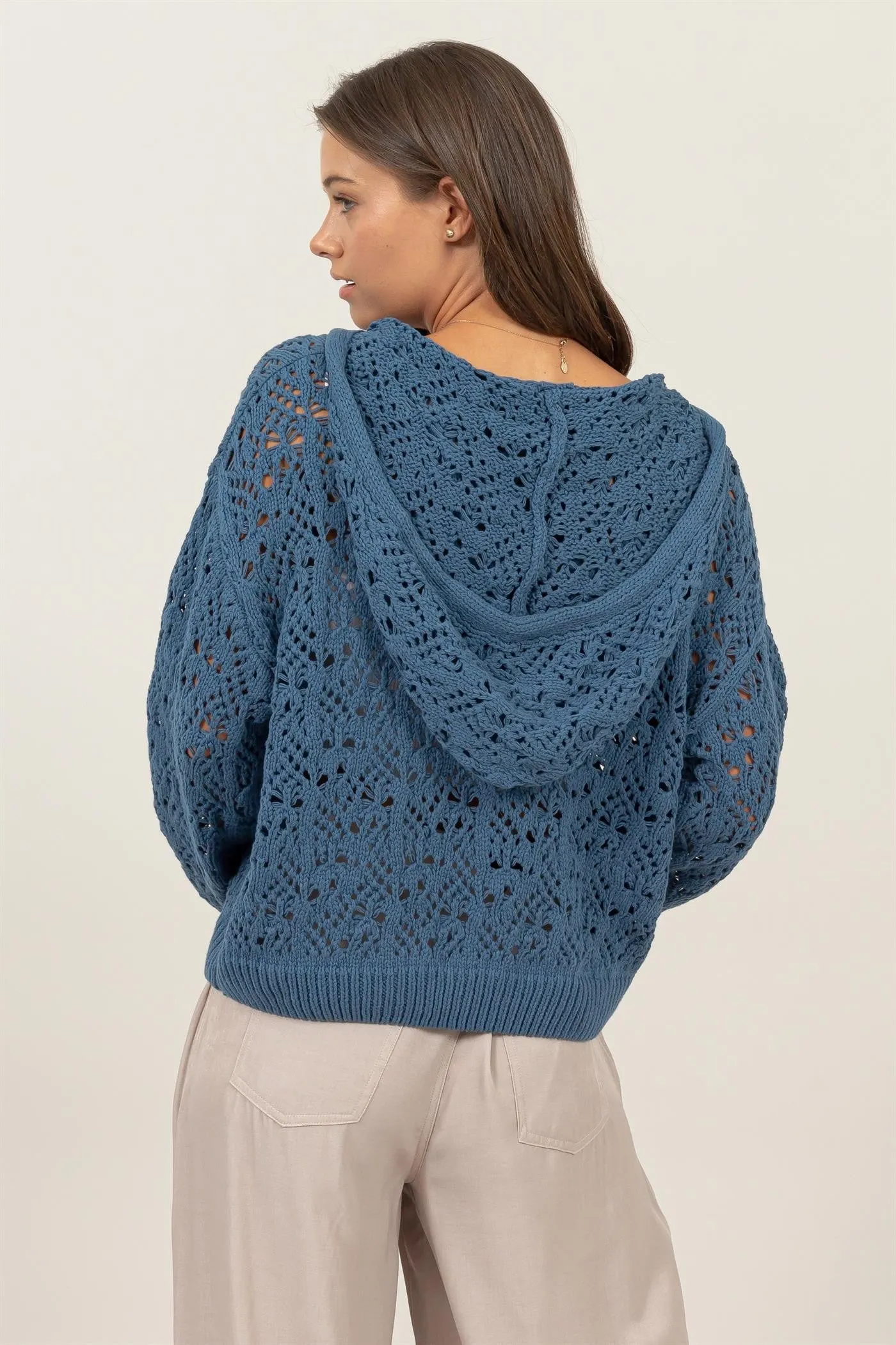 Teal Open-Stitch Hoodie Crochet Sweater sold by Pinkblush product image thumbnail 5