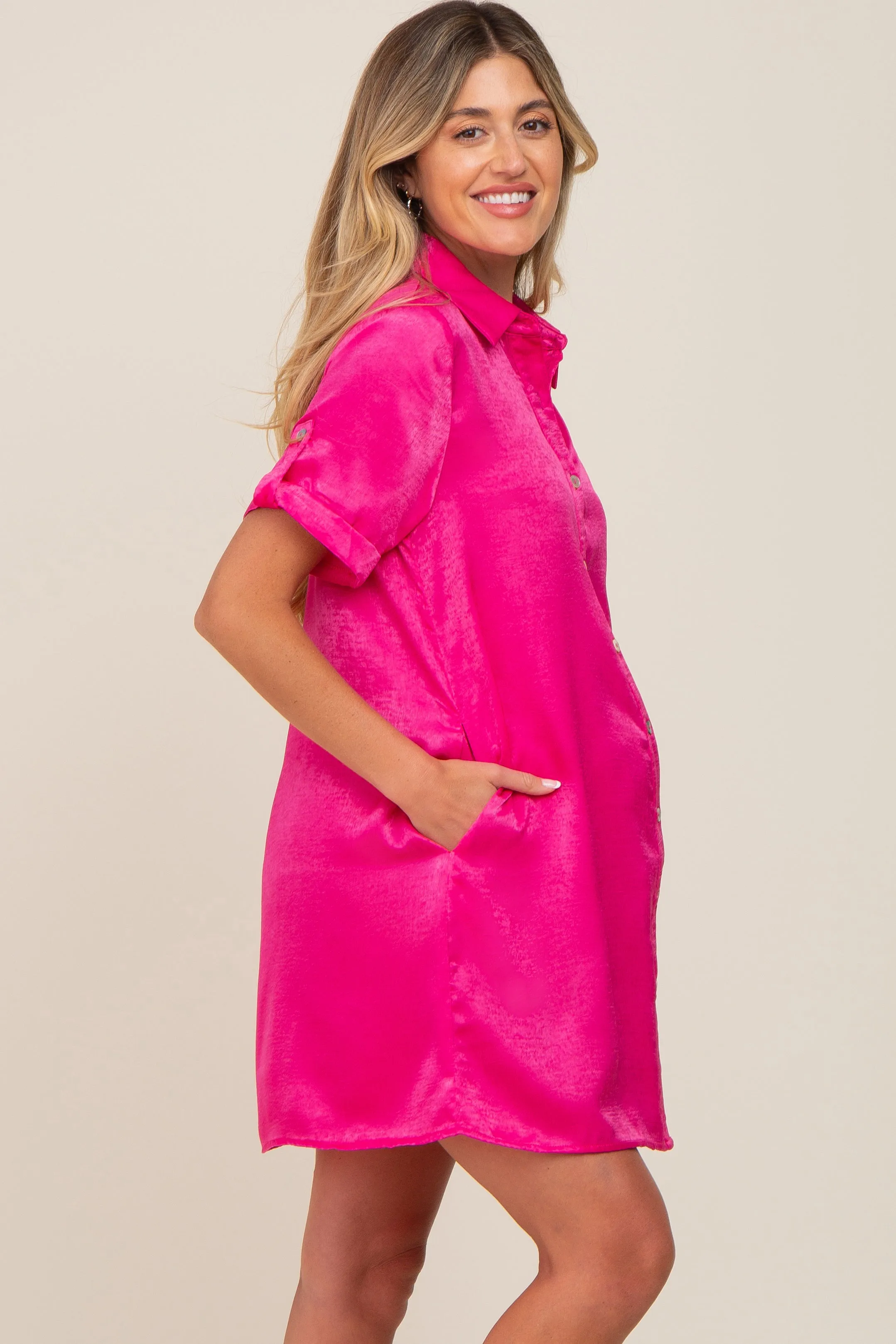 Fuchsia Satin Button Front Short Sleeve Maternity Dress sold by Pinkblush product image thumbnail 2