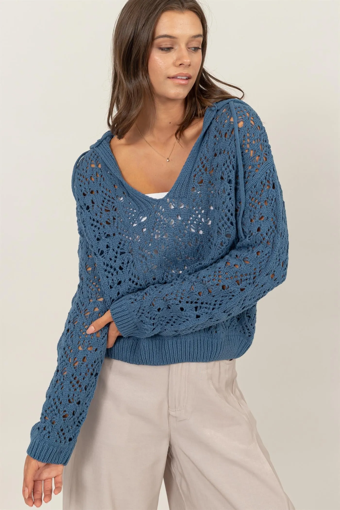 Teal Open-Stitch Hoodie Crochet Sweater sold by Pinkblush product image thumbnail 2
