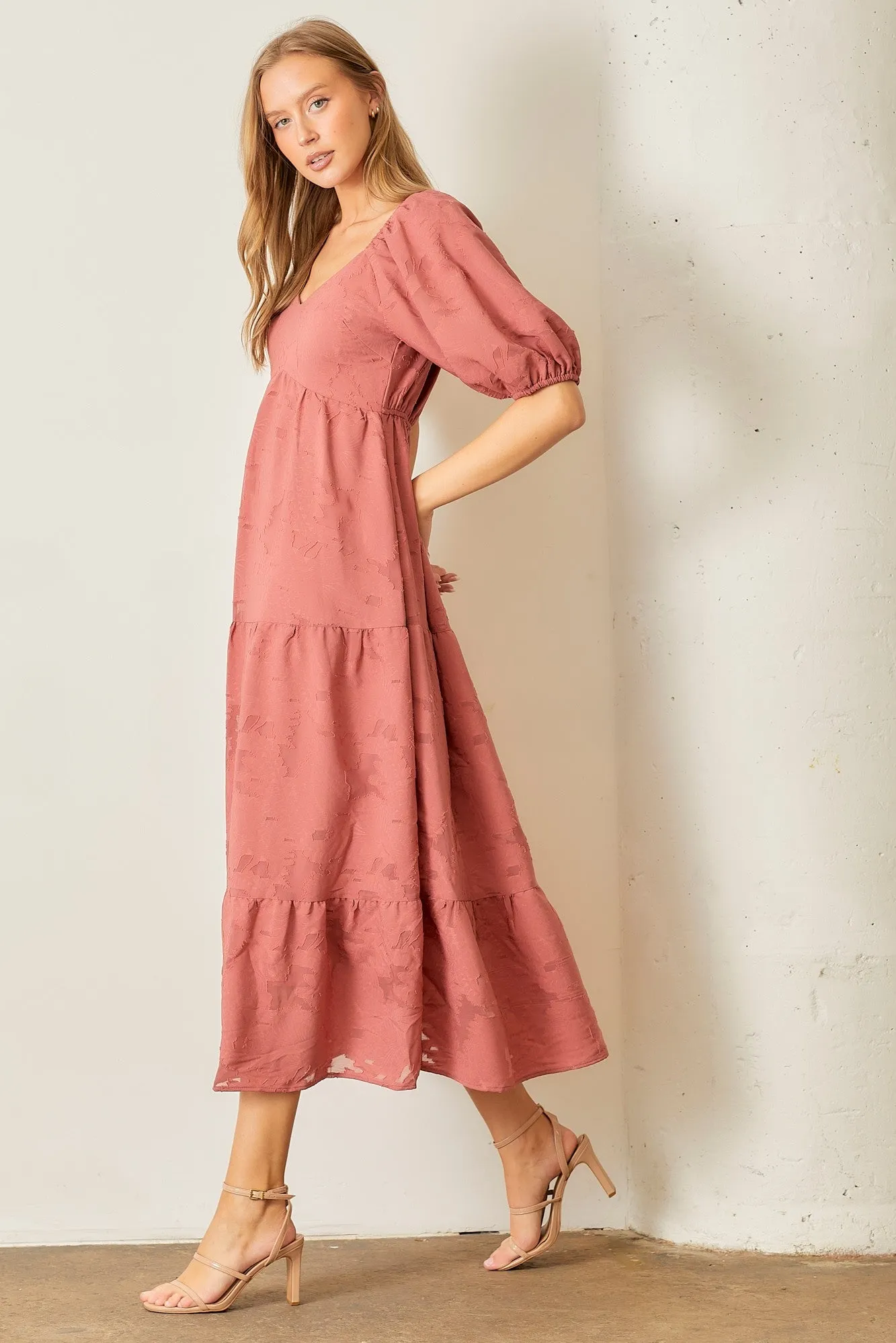 Mauve Floral Textured Tiered Midi Dress sold by Pinkblush product image thumbnail 2