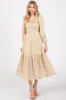Beige Floral Square Neck Smocked Fringe Maternity Midi Dress sold by Pinkblush