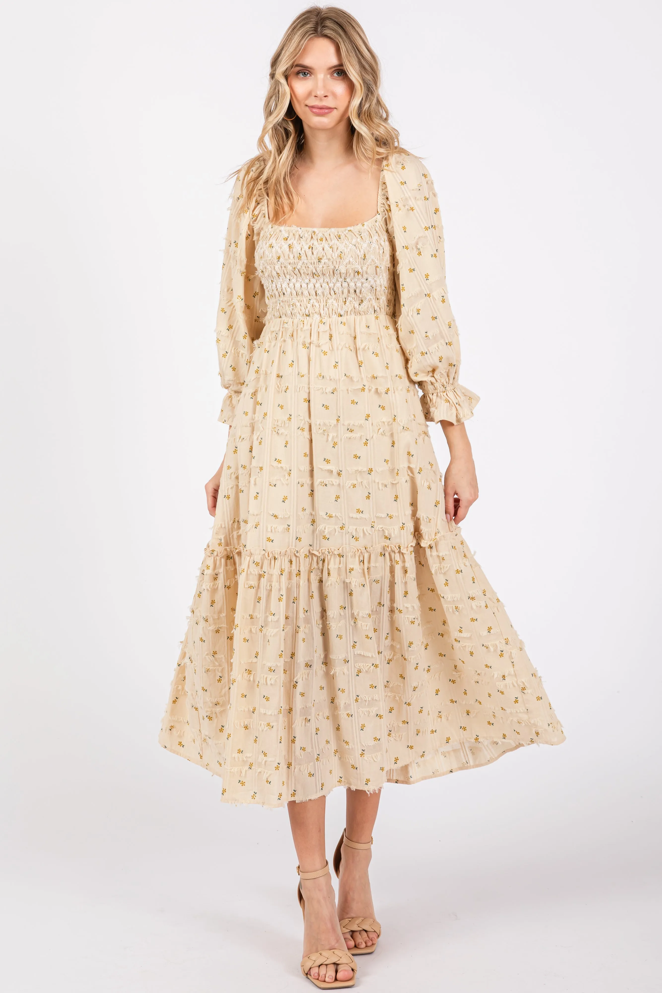 Beige Floral Square Neck Smocked Fringe Maternity Midi Dress sold by Pinkblush product image thumbnail 5