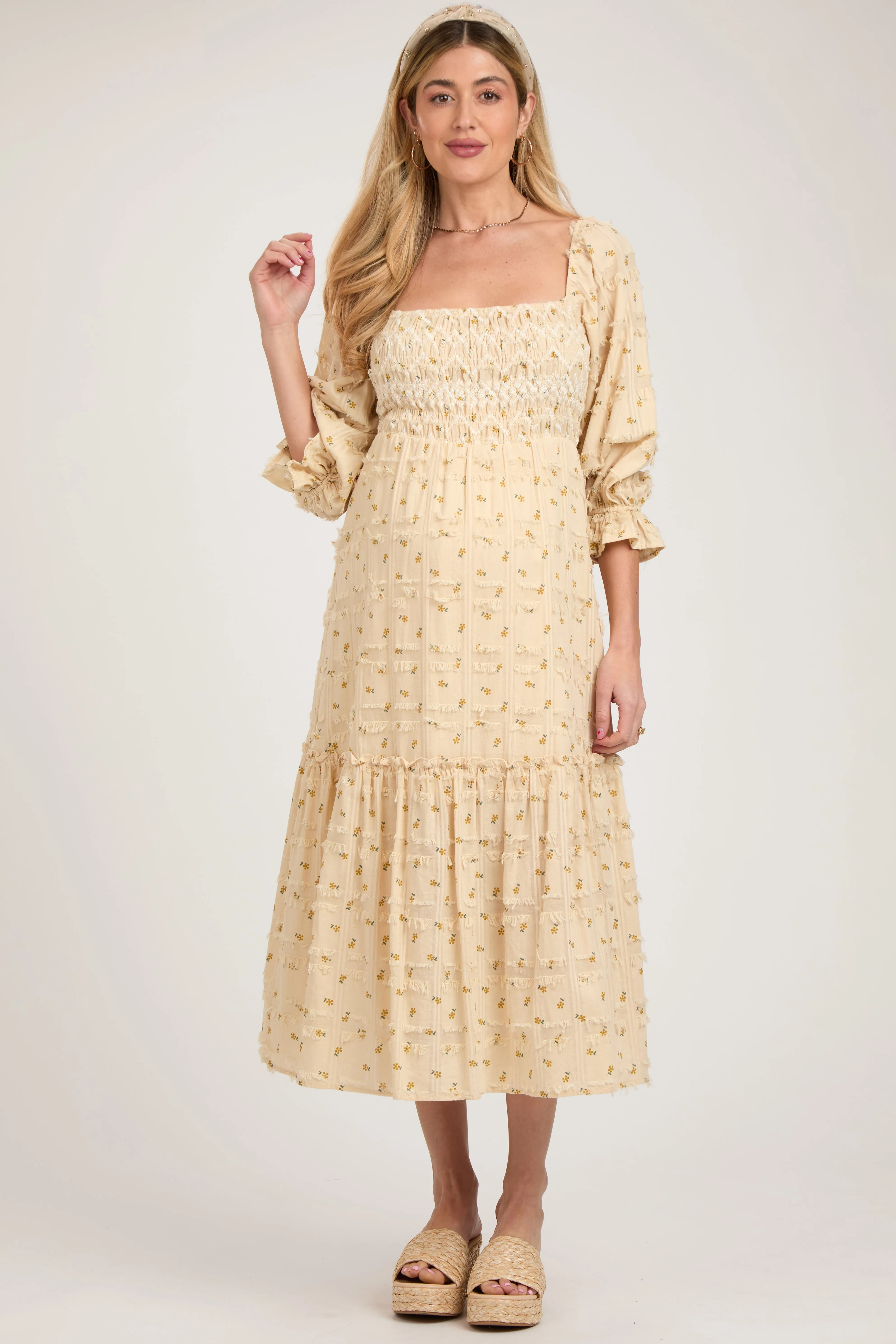 Beige Floral Square Neck Smocked Fringe Maternity Midi Dress sold by Pinkblush product image thumbnail 2