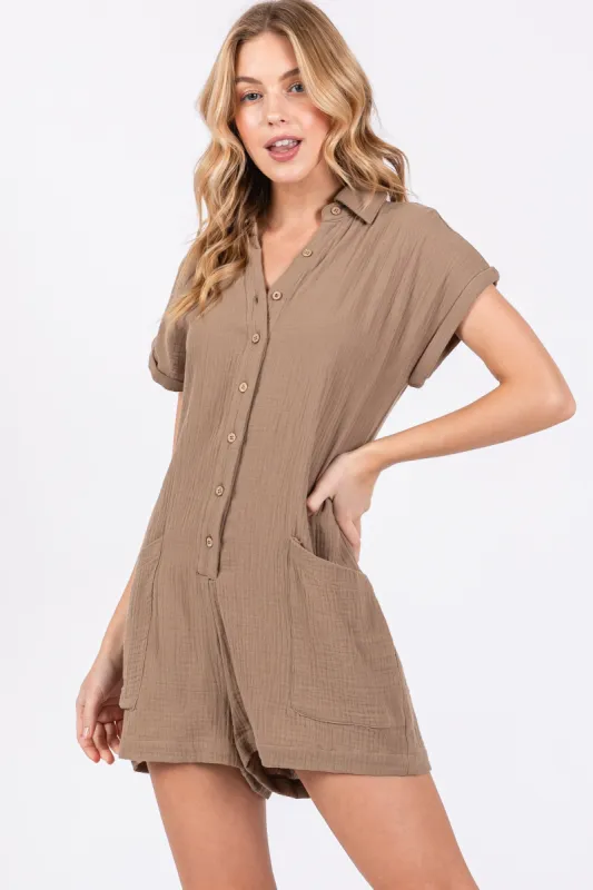 Taupe Gauze Button Up Front Pocket Romper sold by Pinkblush