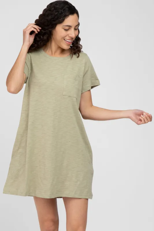 Olive Heathered Pocket Front T-Shirt Dress sold by Pinkblush