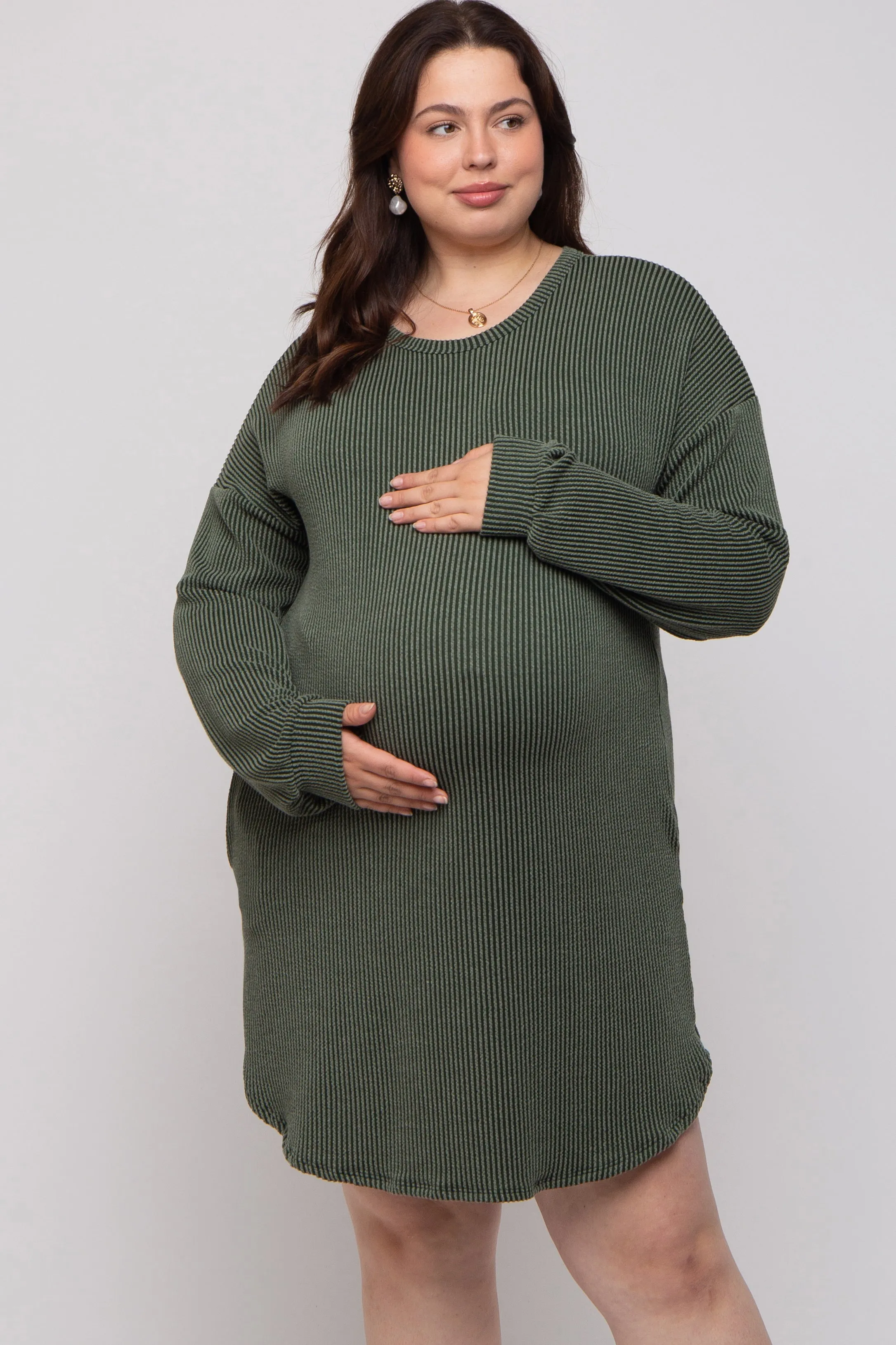 Olive Rib Knit Long Sleeve Maternity Plus Dress sold by Pinkblush product image thumbnail 2