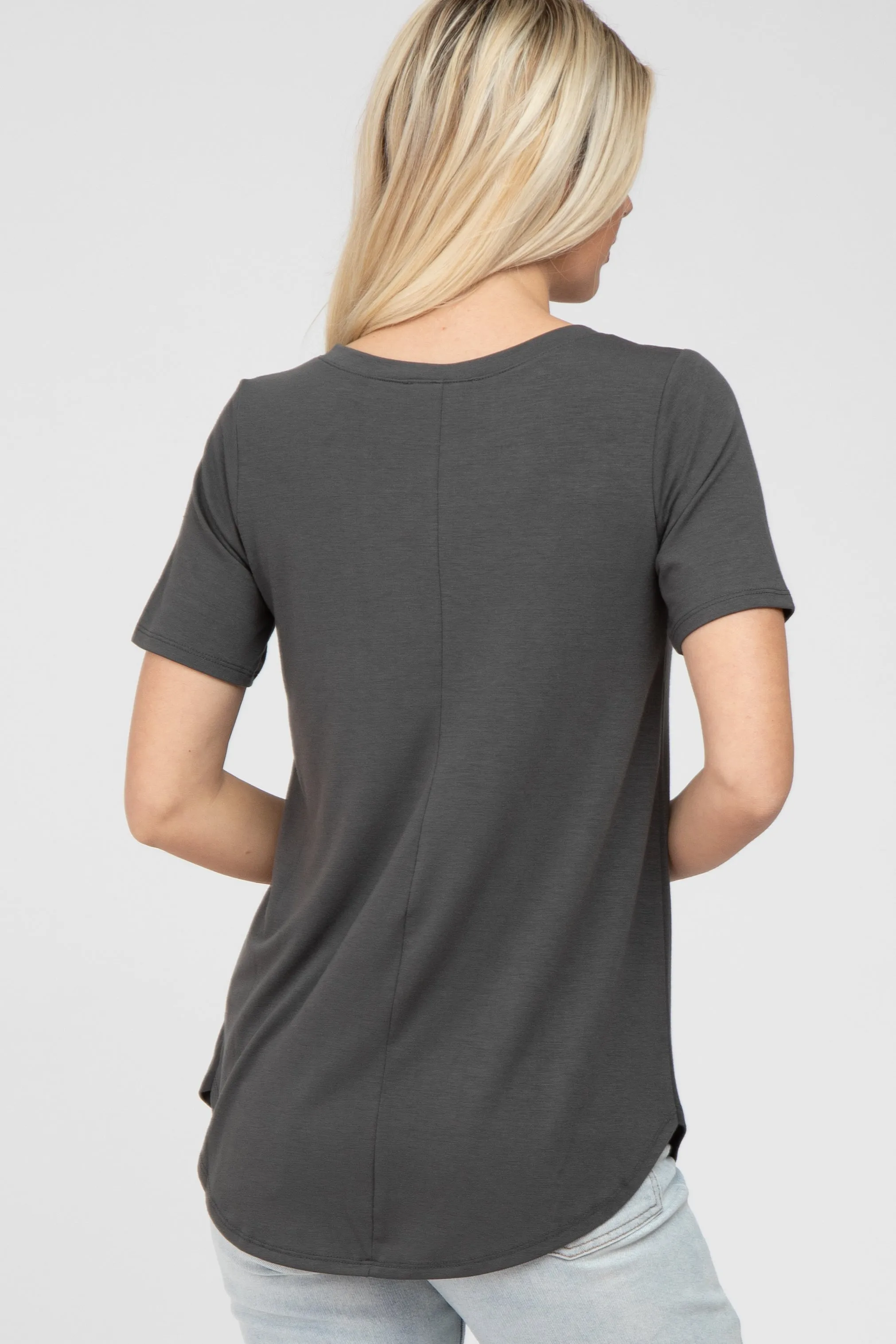 Dark Grey V-Neck Short Sleeve Round Hem Top sold by Pinkblush product image thumbnail 4