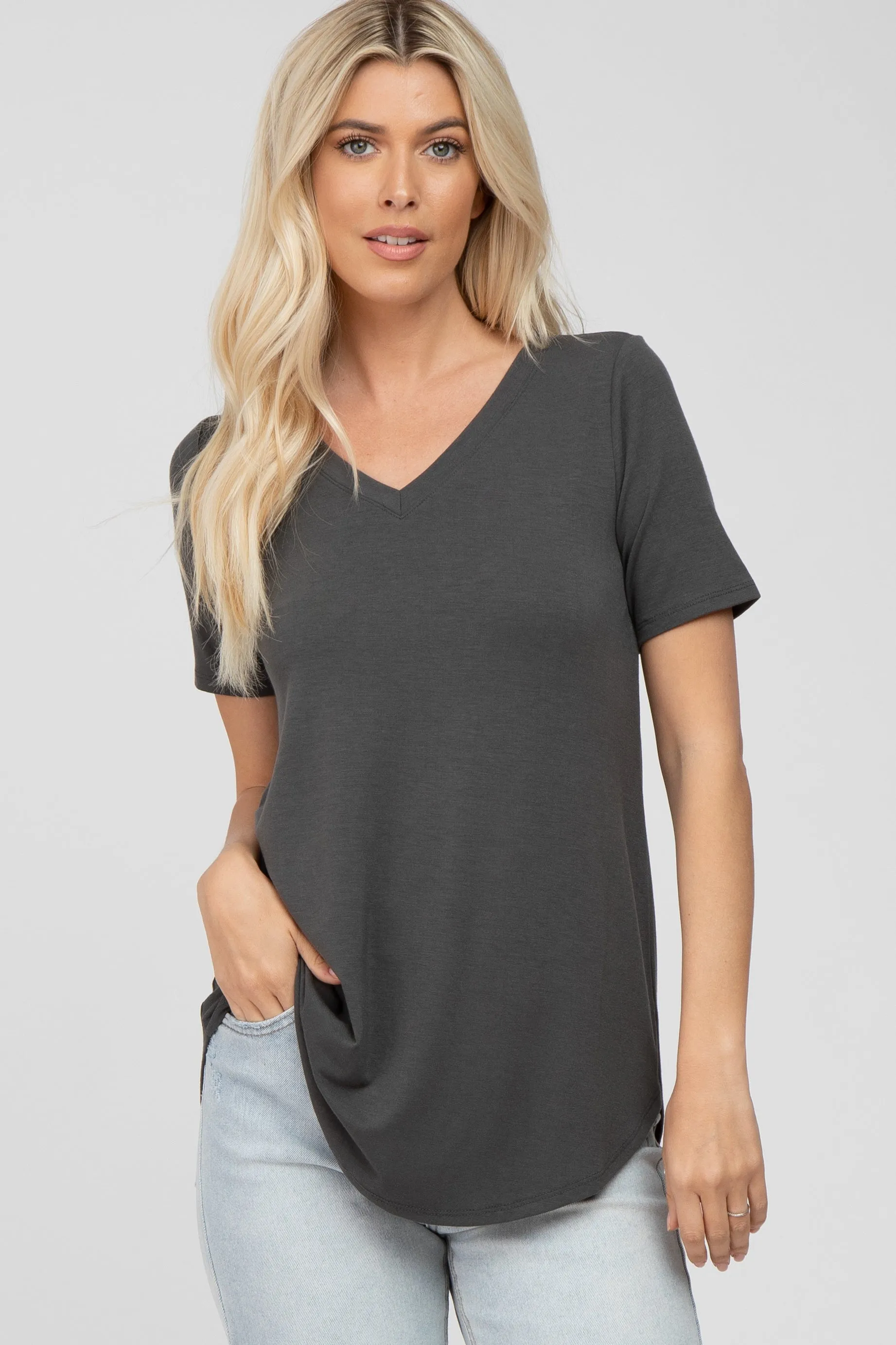 Dark Grey V-Neck Short Sleeve Round Hem Top sold by Pinkblush