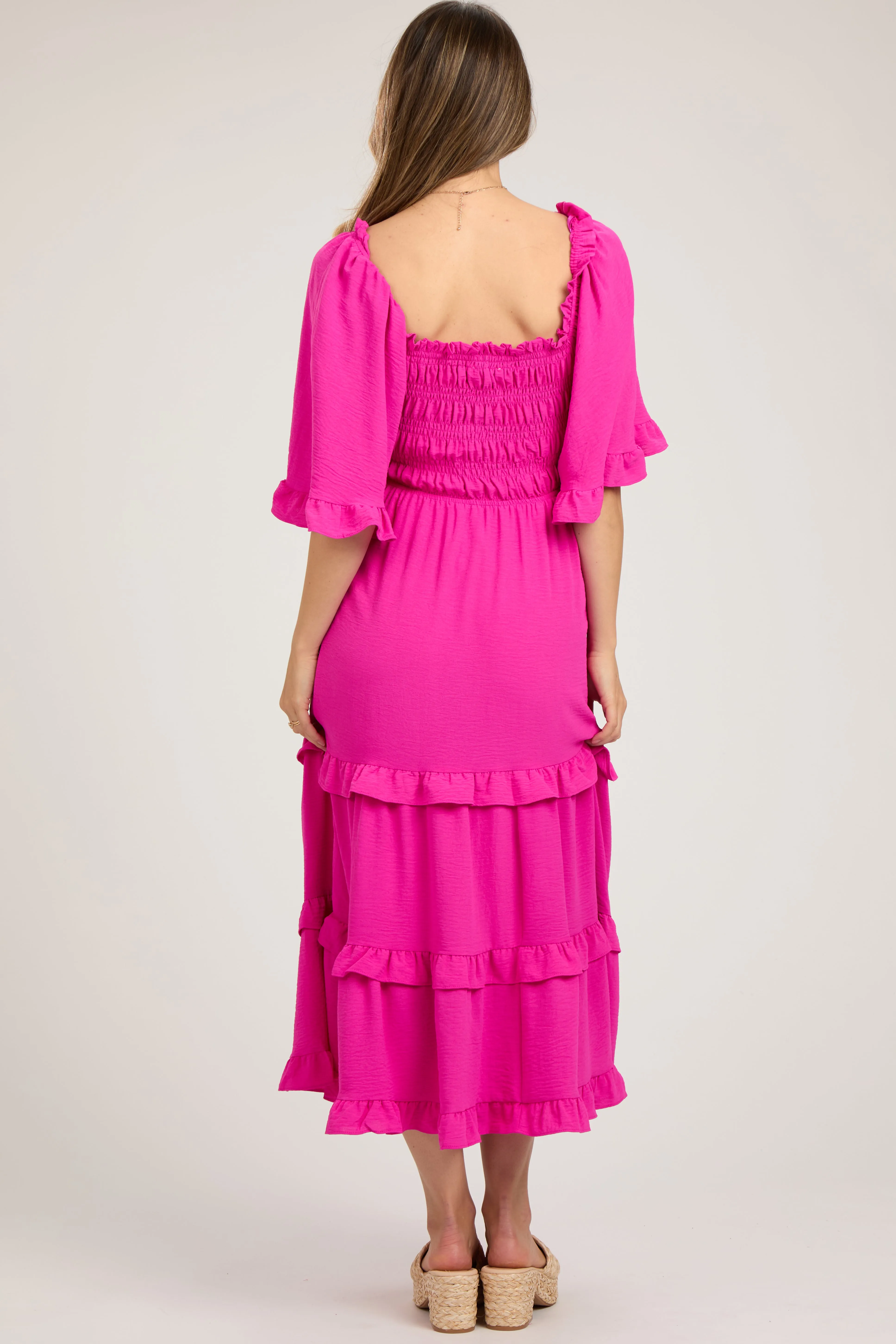 Fuchsia Smocked Ruffle Tiered Maternity Midi Dress sold by Pinkblush product image thumbnail 3