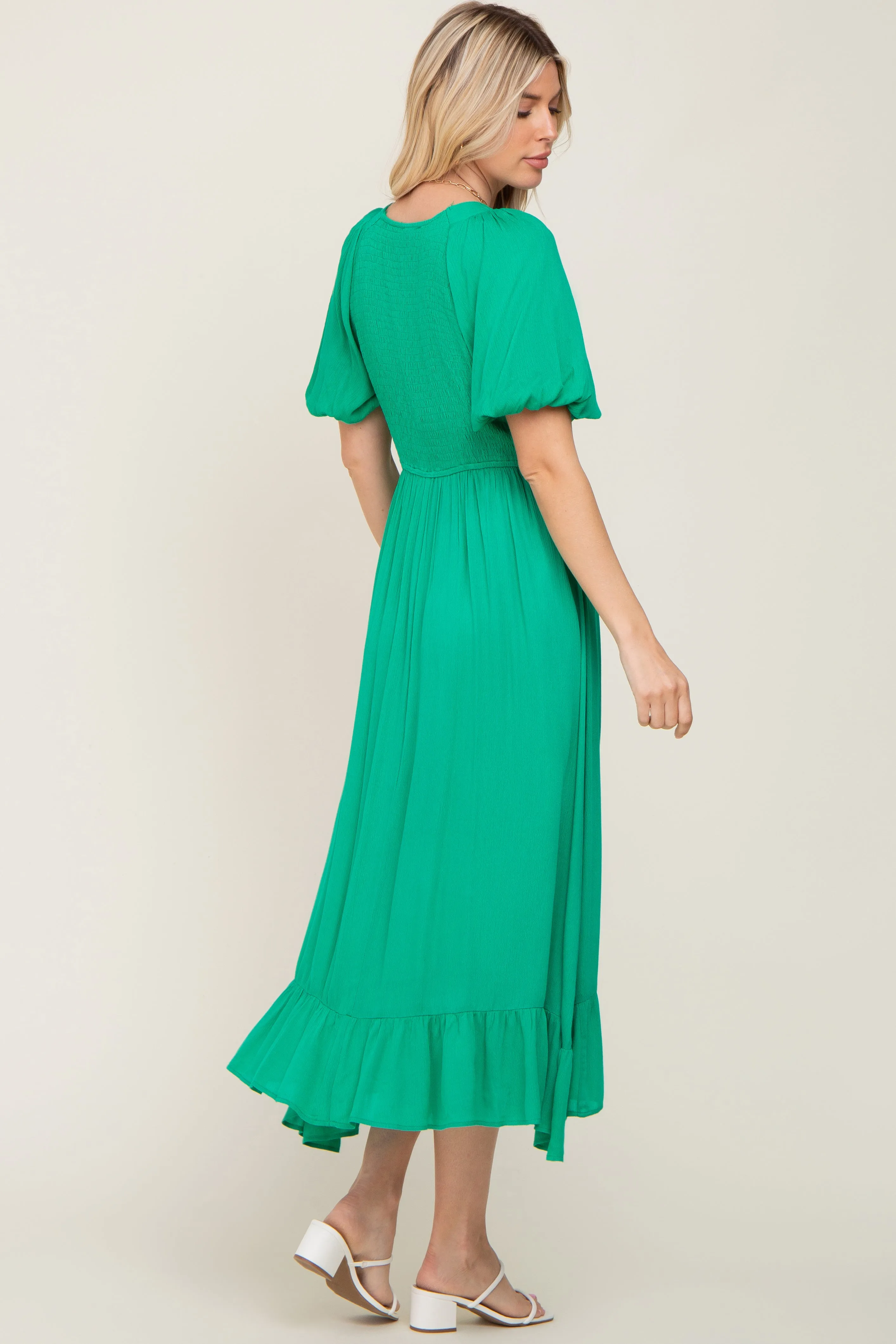 Green Smocked Puff Sleeve Midi Dress sold by Pinkblush product image thumbnail 3
