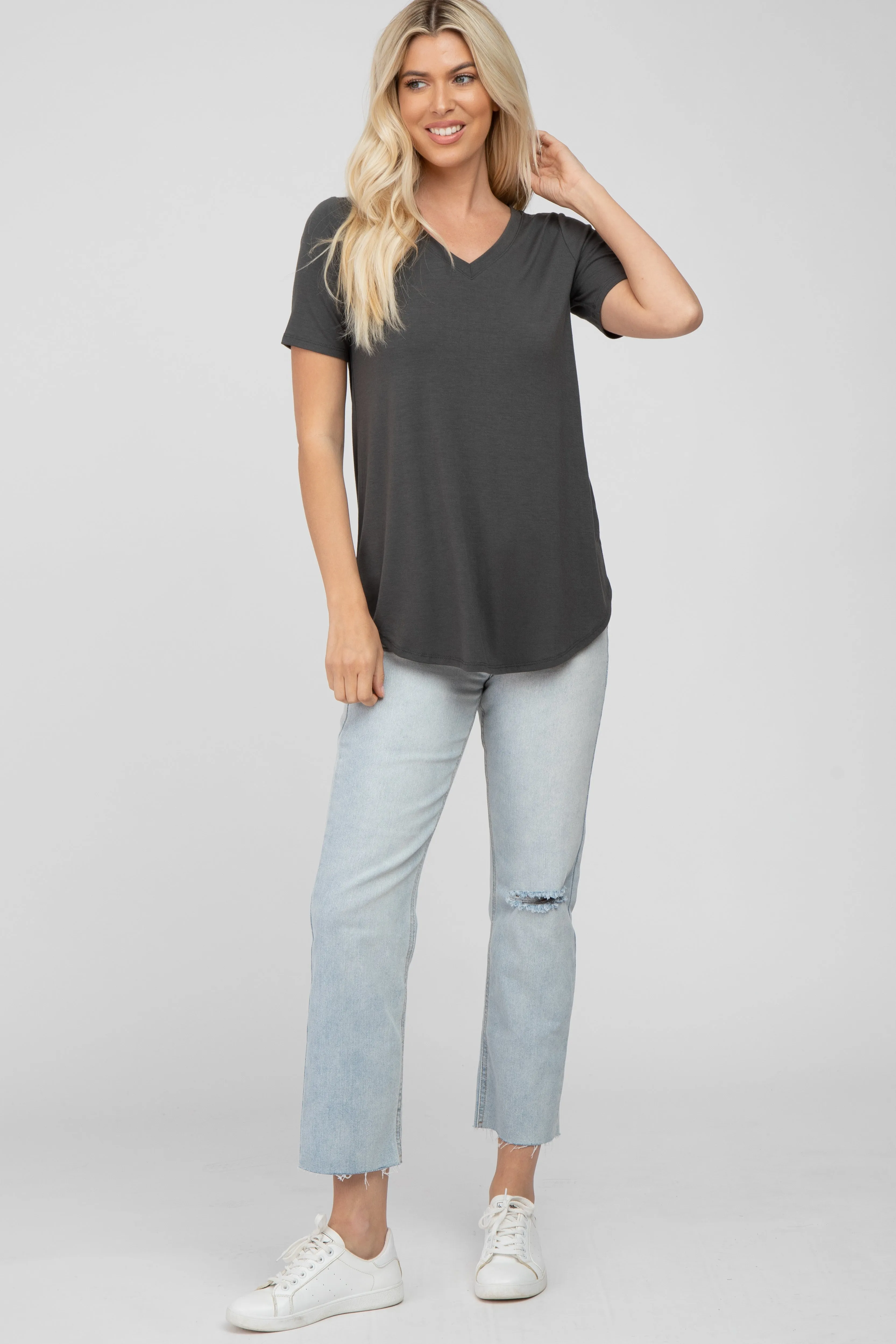Dark Grey V-Neck Short Sleeve Round Hem Top sold by Pinkblush product image thumbnail 2