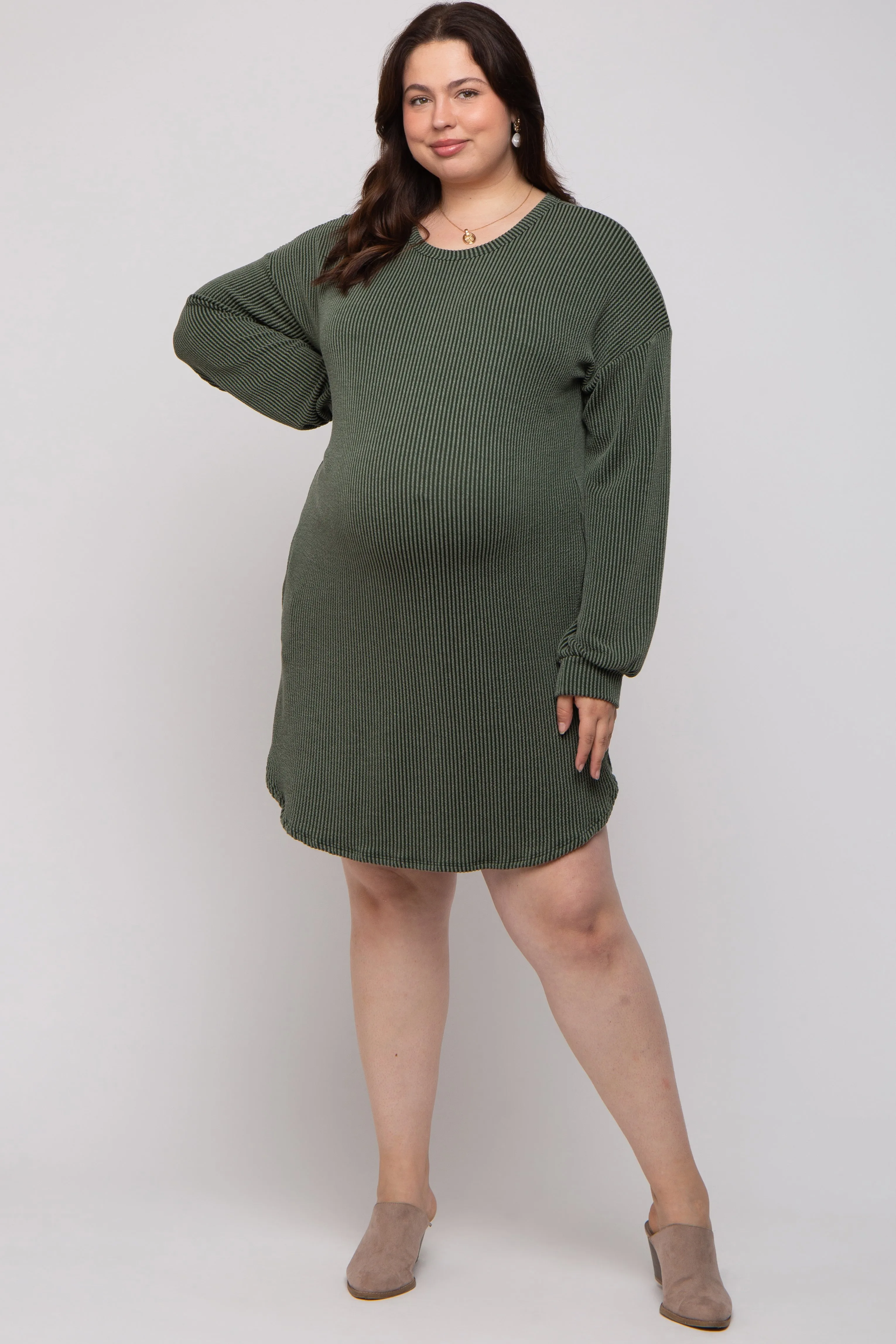 Olive Rib Knit Long Sleeve Maternity Plus Dress sold by Pinkblush