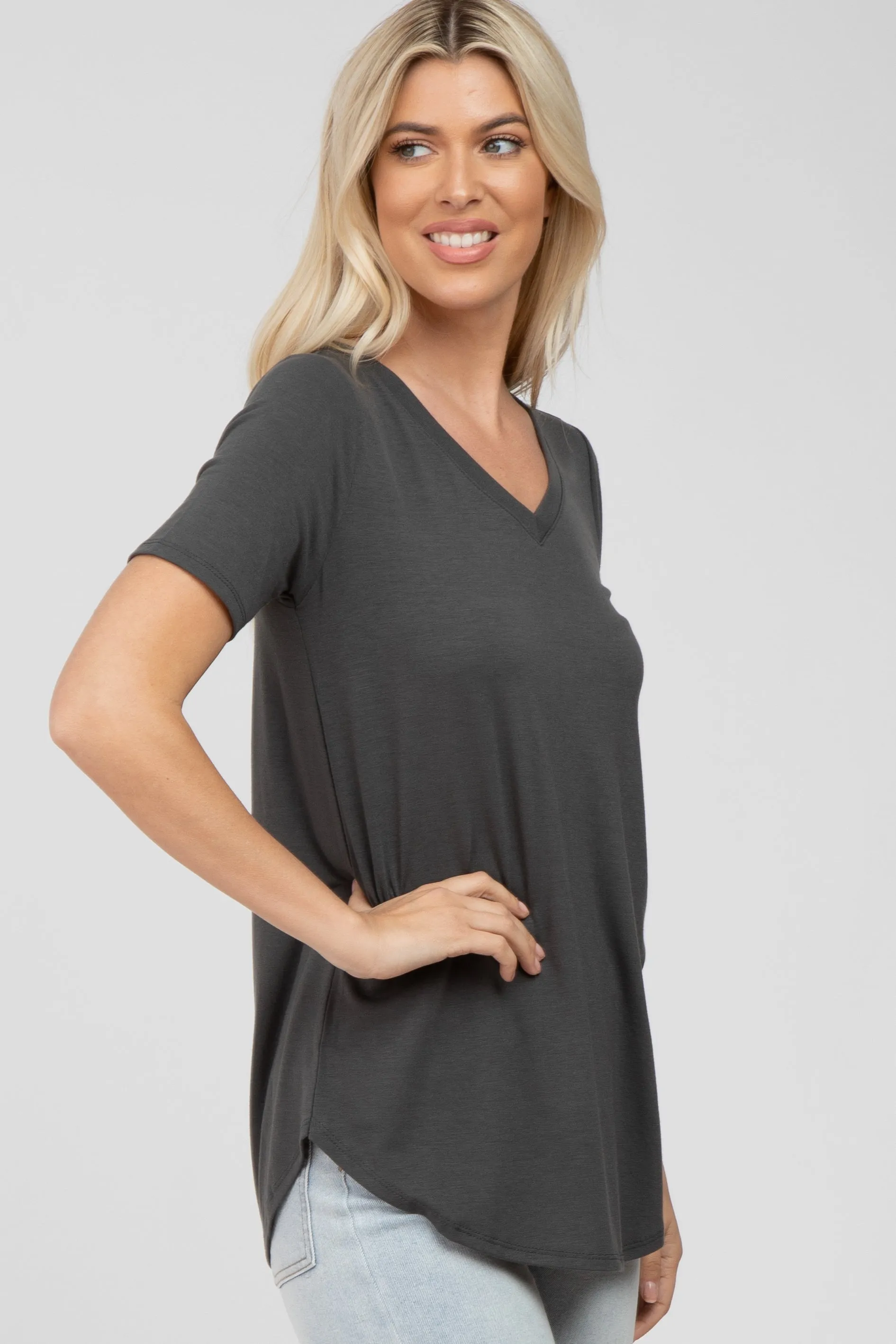 Dark Grey V-Neck Short Sleeve Round Hem Top sold by Pinkblush product image thumbnail 3