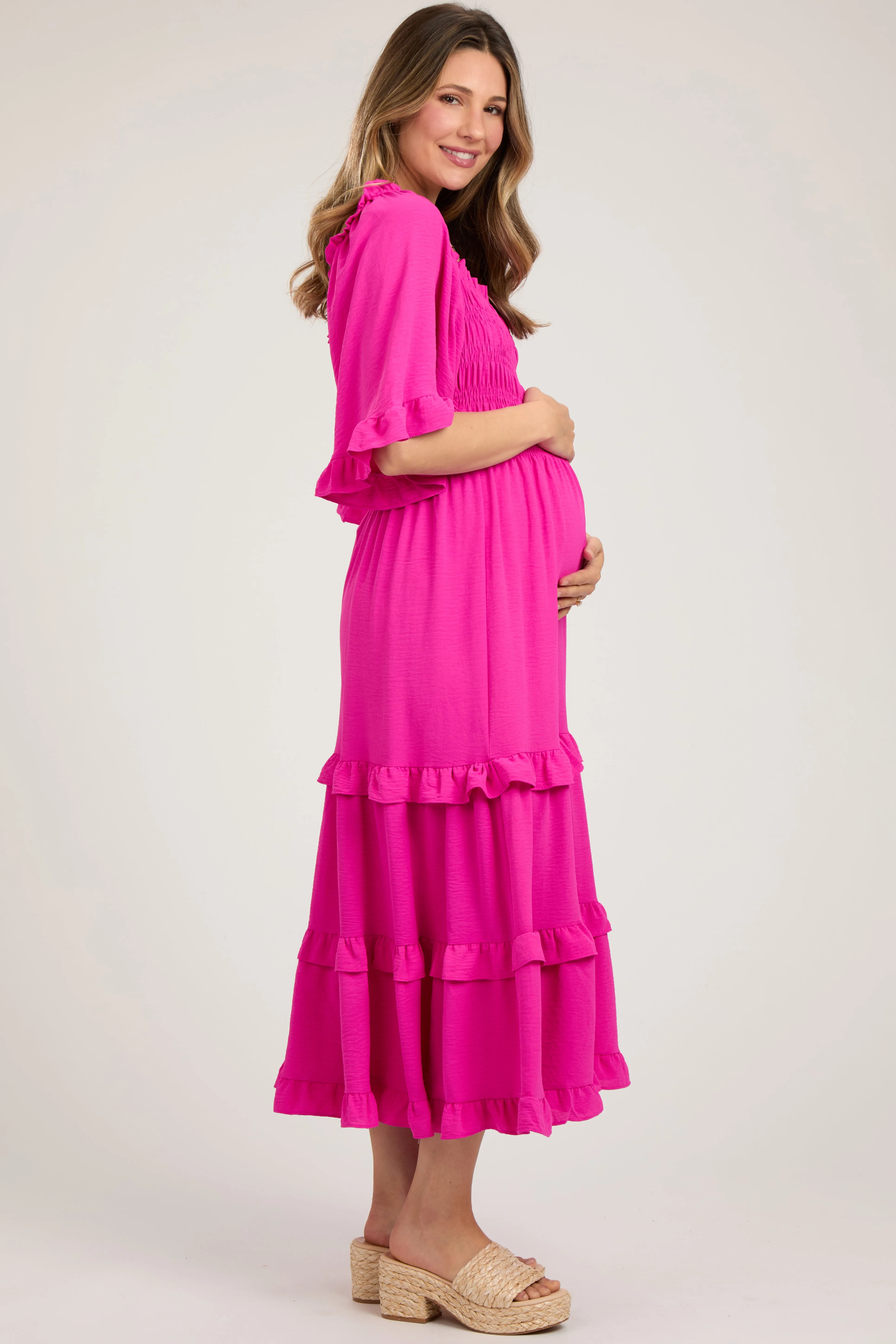 Fuchsia Smocked Ruffle Tiered Maternity Midi Dress sold by Pinkblush product image thumbnail 2