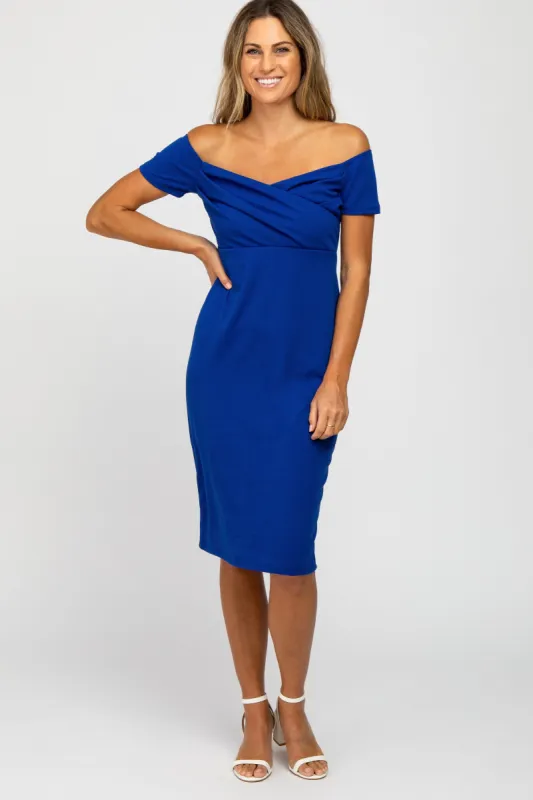 PinkBlush Royal Blue Solid Off Shoulder Fitted Dress sold by Pinkblush