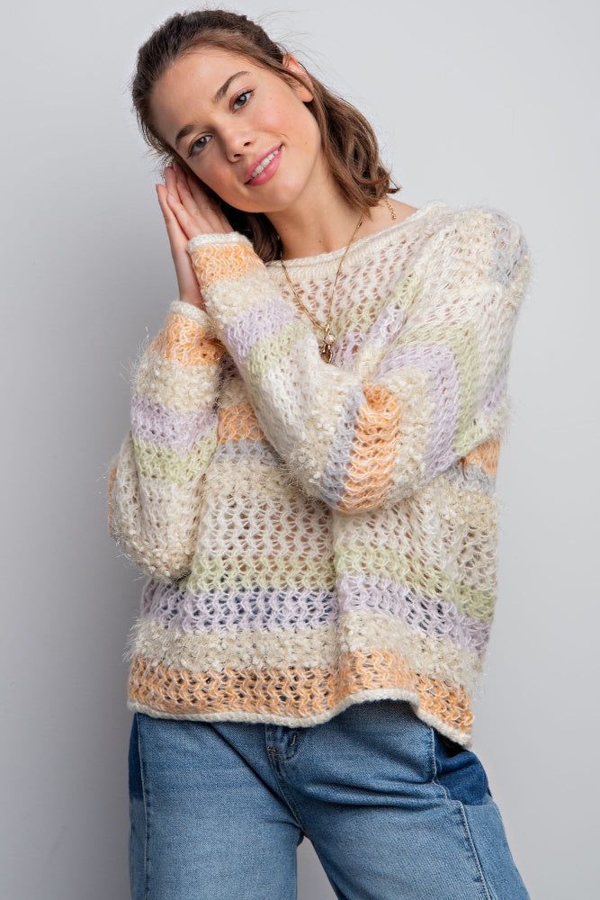 Peach Cream Multi Color Striped Sweater sold by Pinkblush