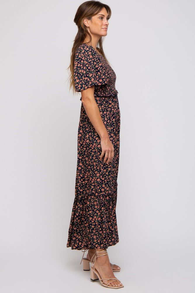Navy Blue Floral Smocked Flutter Short Sleeve Midi Dress sold by Pinkblush product image thumbnail 2