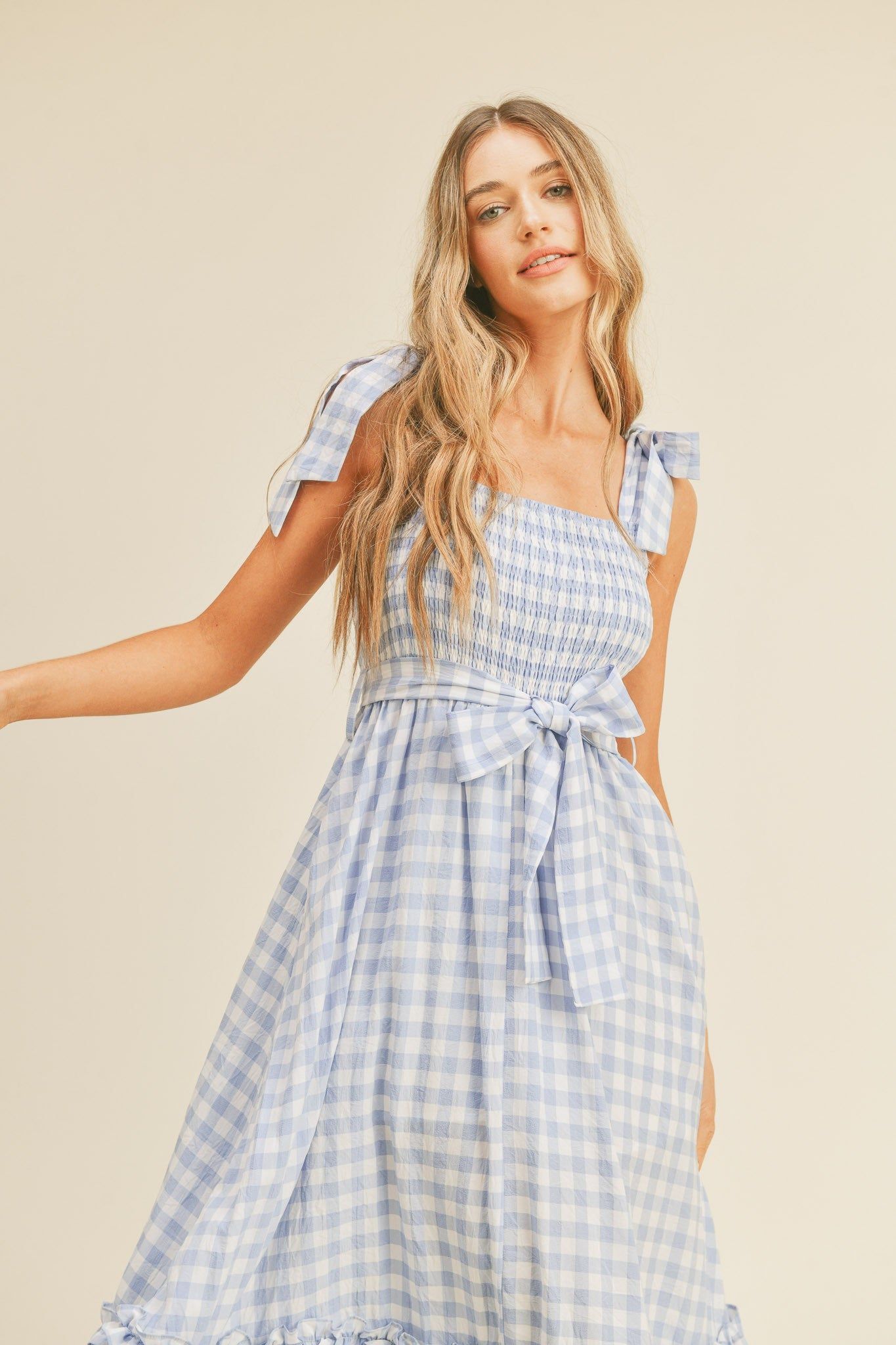 Baby Blue Smocked Bodice Ruffled Hem Midi Dress sold by Pinkblush product image thumbnail 3
