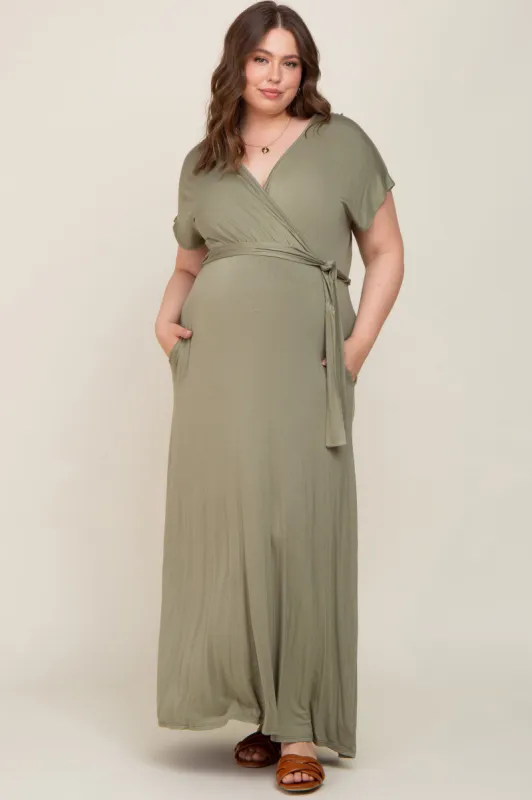 Light Olive Basic Maternity Plus Wrap Maxi Dress sold by Pinkblush