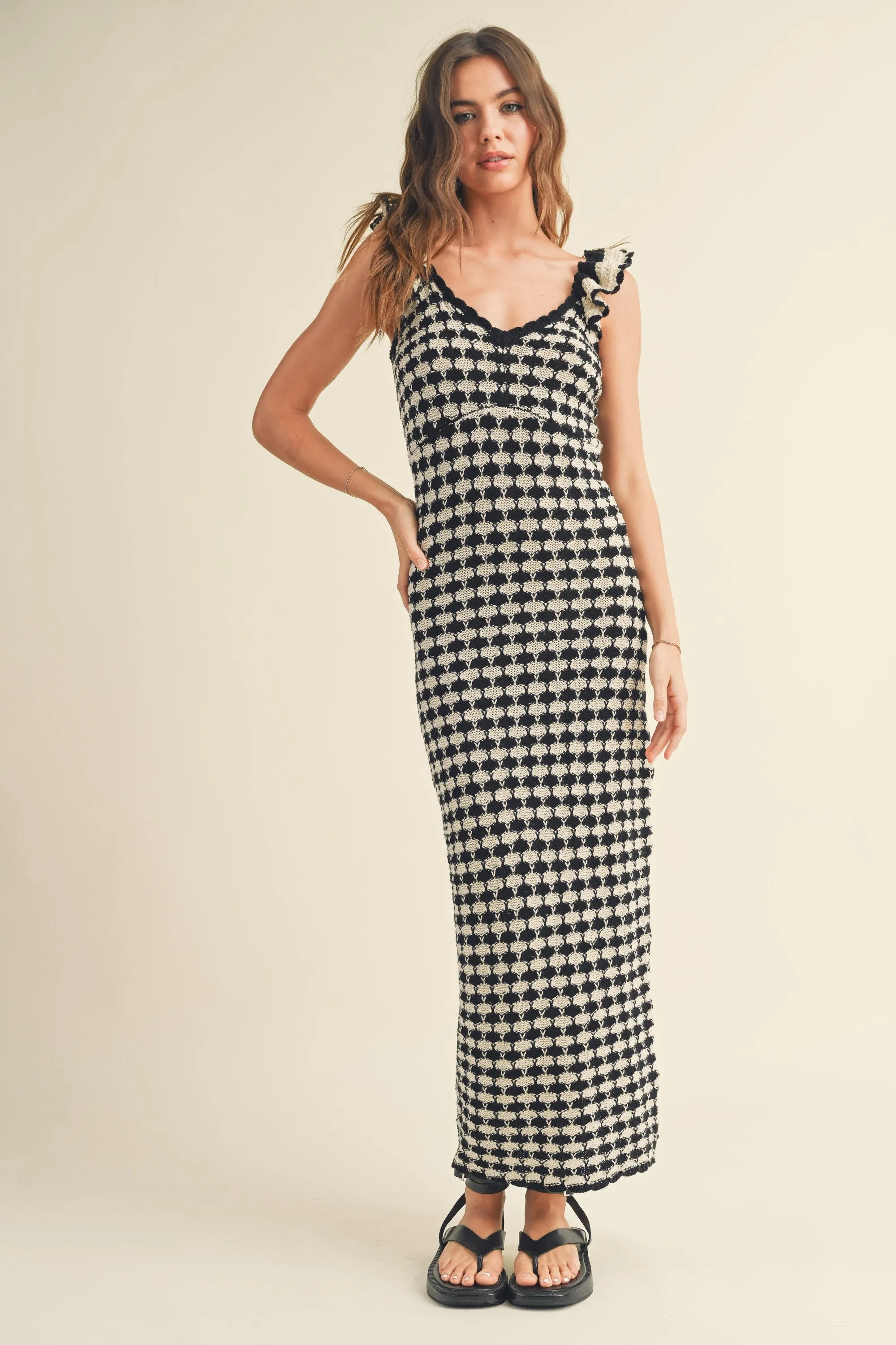 Black Crochet Knit Ruffle Strap Midi Dress sold by Pinkblush