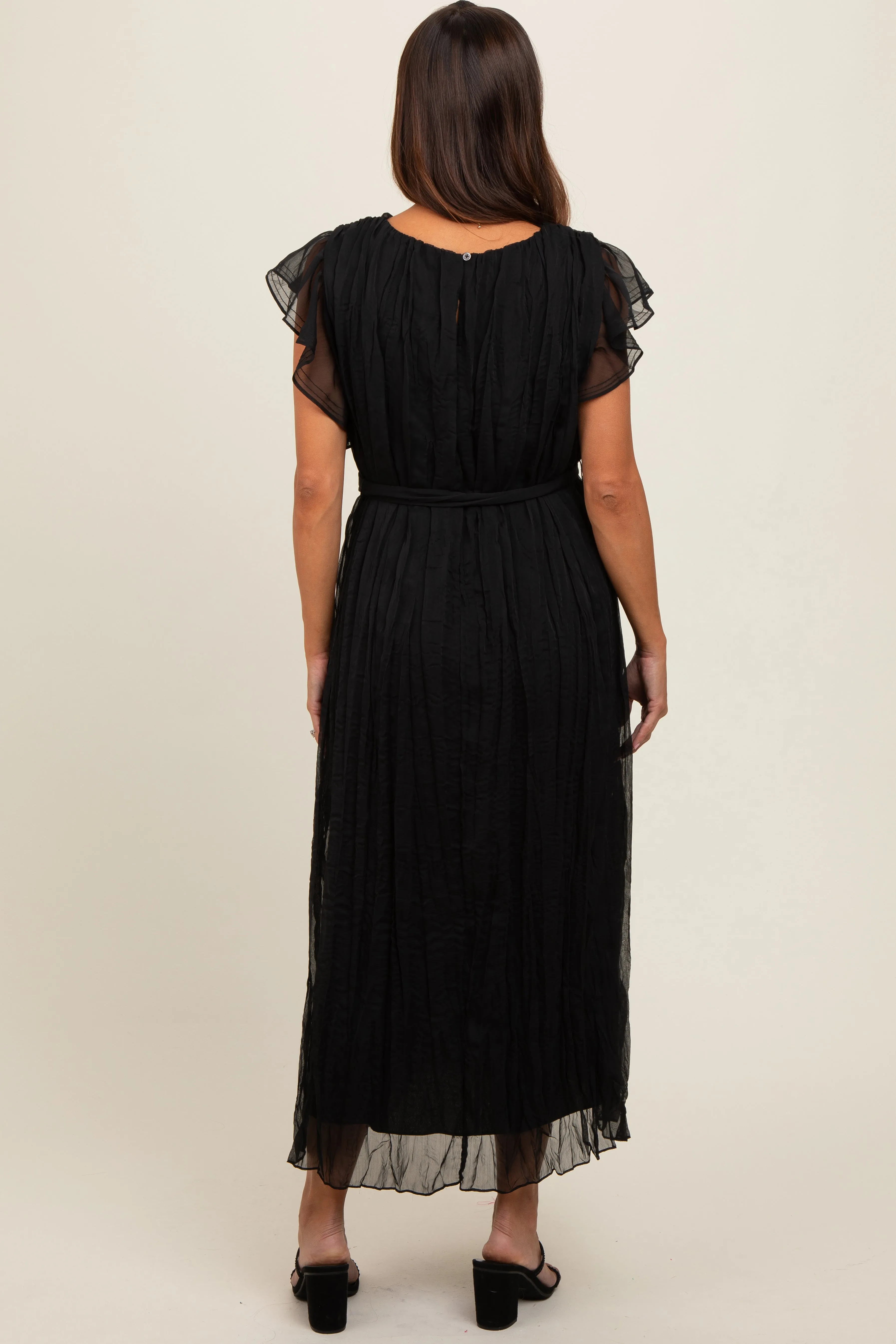Black Short Sleeve Crinkle Self Tie Maternity Dress sold by Pinkblush product image thumbnail 2