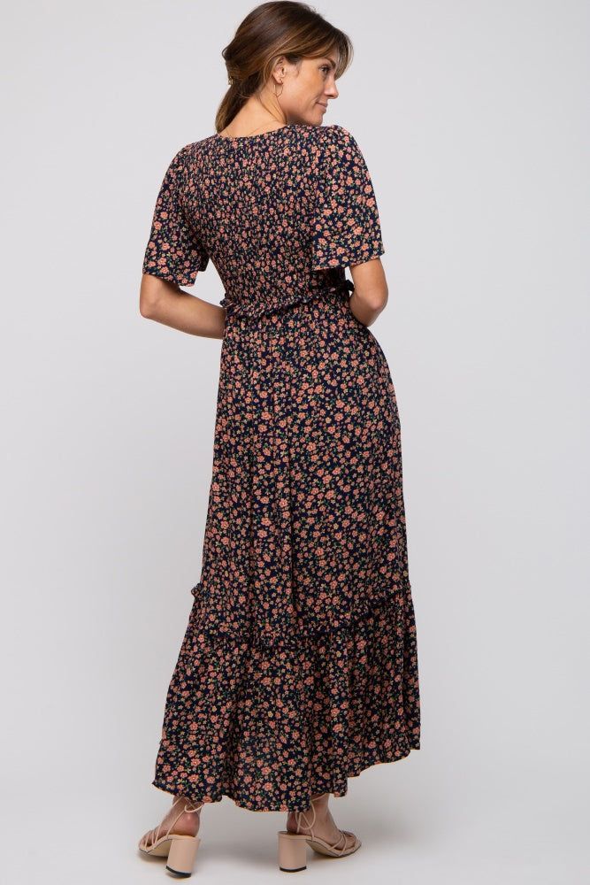 Navy Blue Floral Smocked Flutter Short Sleeve Midi Dress sold by Pinkblush product image thumbnail 3