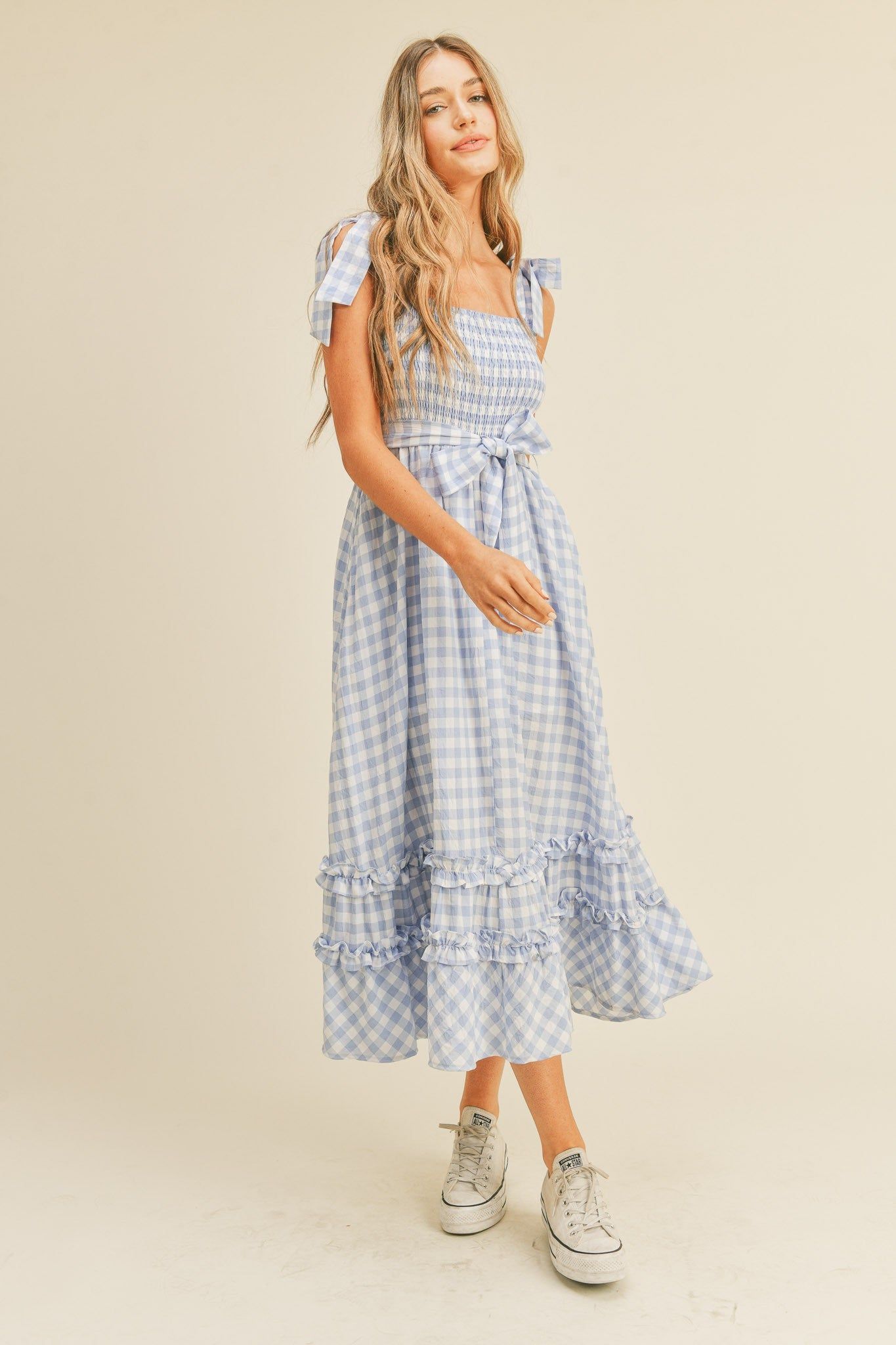 Baby Blue Smocked Bodice Ruffled Hem Midi Dress sold by Pinkblush