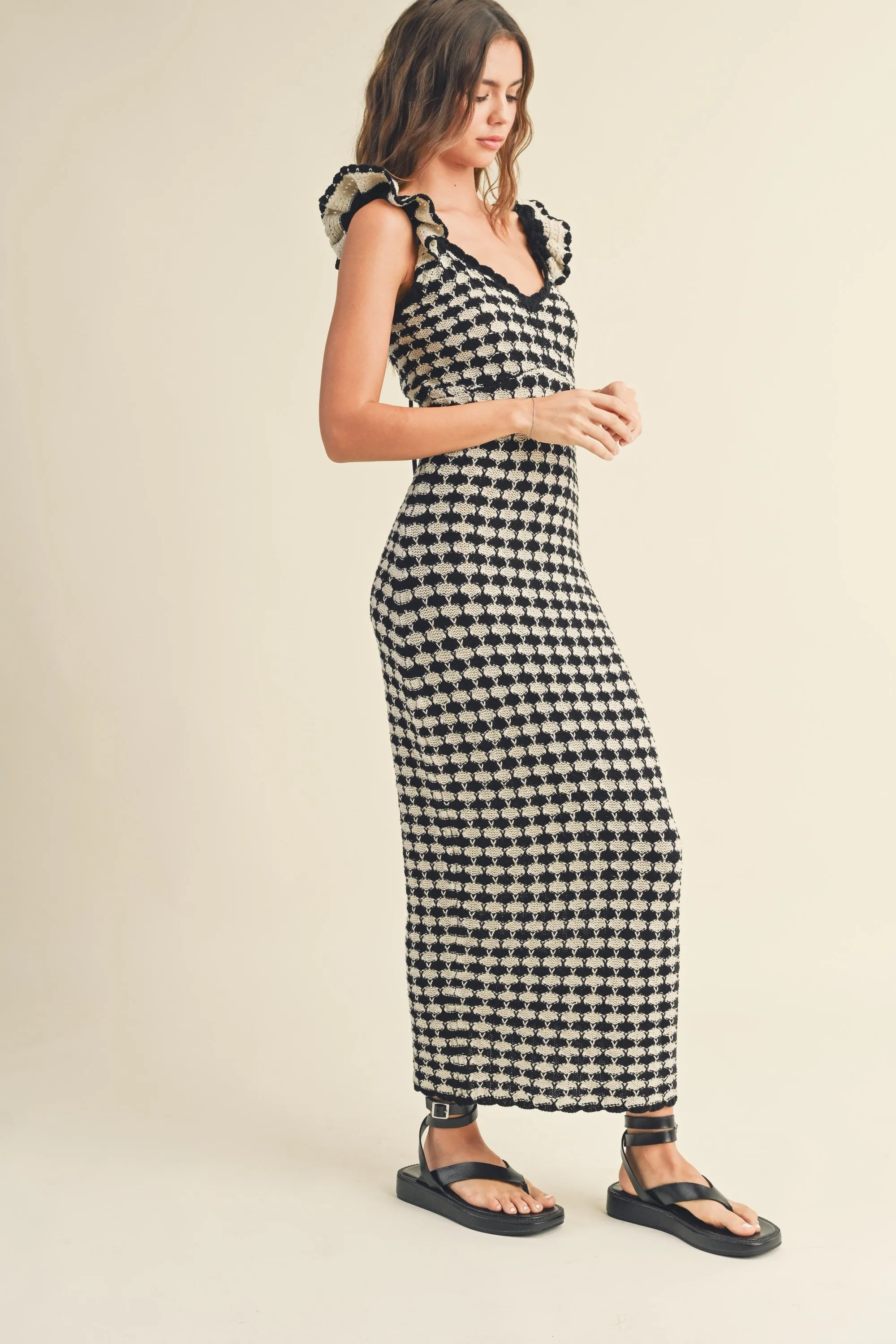 Black Crochet Knit Ruffle Strap Midi Dress sold by Pinkblush product image thumbnail 2