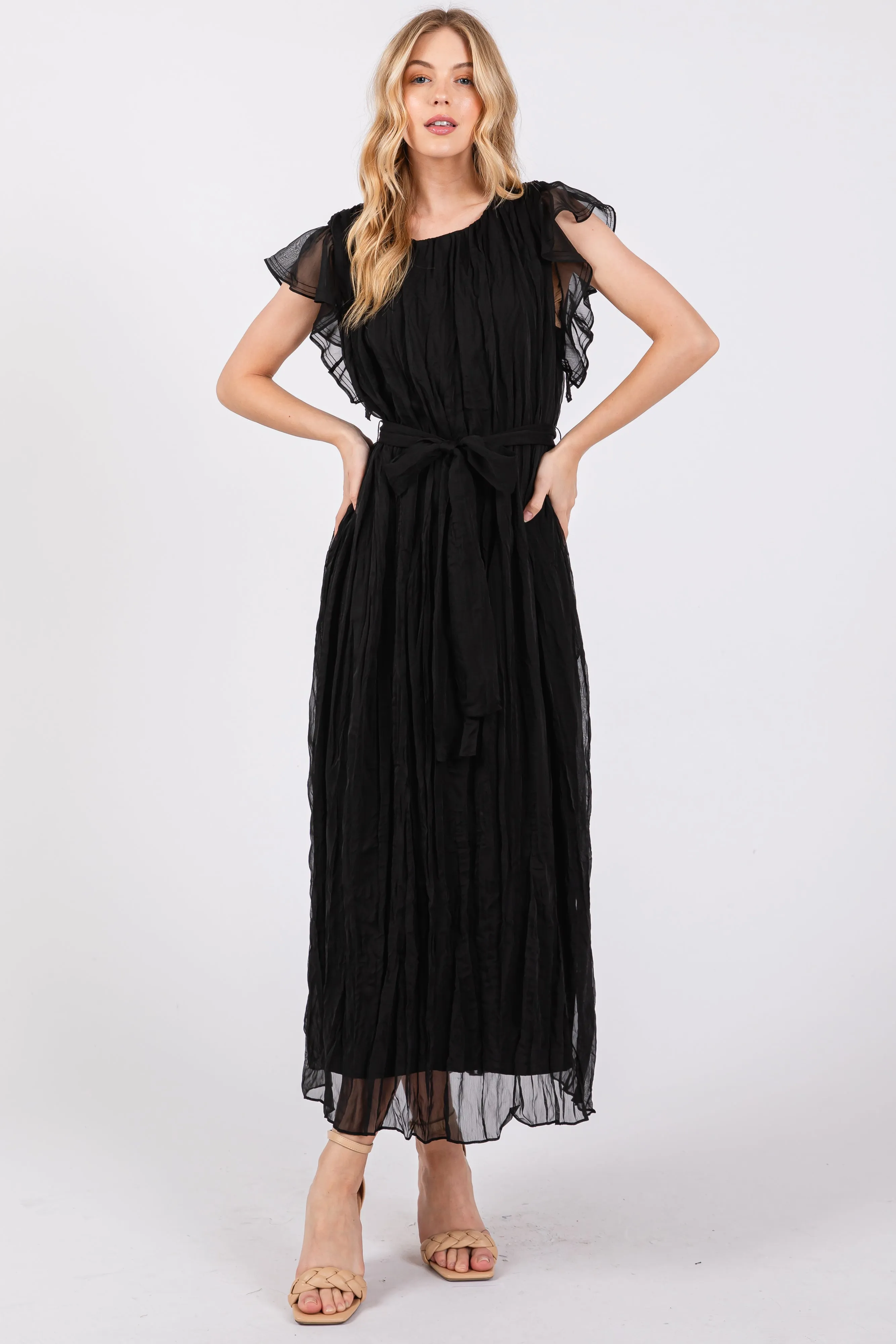 Black Short Sleeve Crinkle Self Tie Maternity Dress sold by Pinkblush product image thumbnail 3