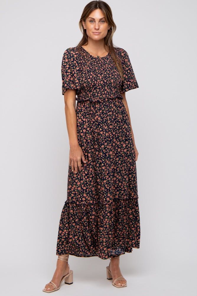 Navy Blue Floral Smocked Flutter Short Sleeve Midi Dress sold by Pinkblush product image thumbnail 4