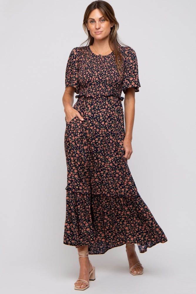 Navy Blue Floral Smocked Flutter Short Sleeve Midi Dress sold by Pinkblush