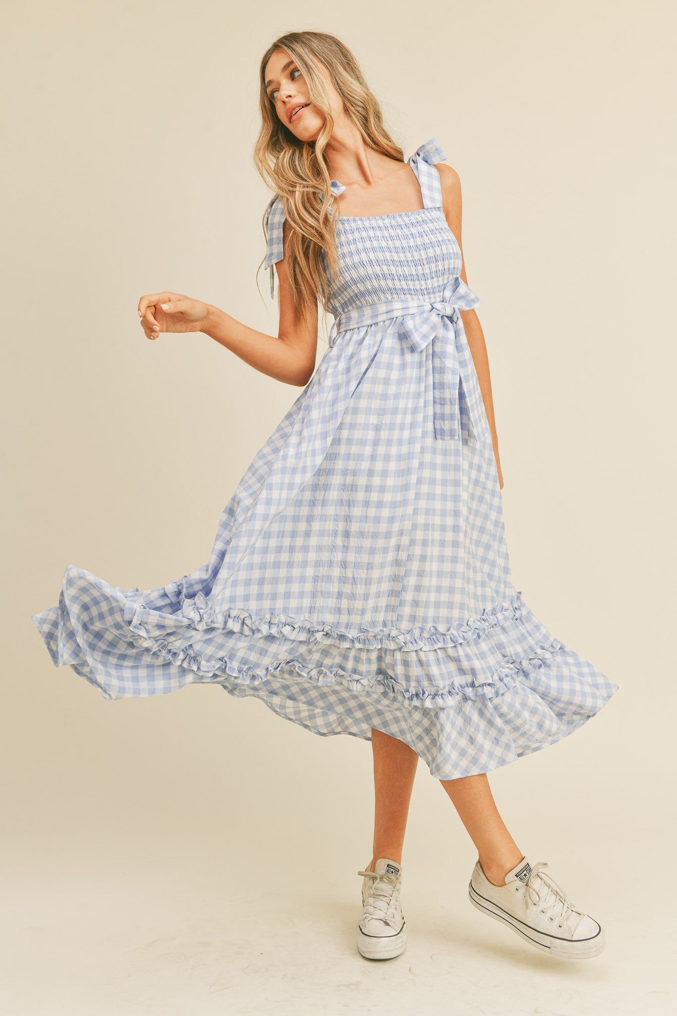Baby Blue Smocked Bodice Ruffled Hem Midi Dress sold by Pinkblush product image thumbnail 2