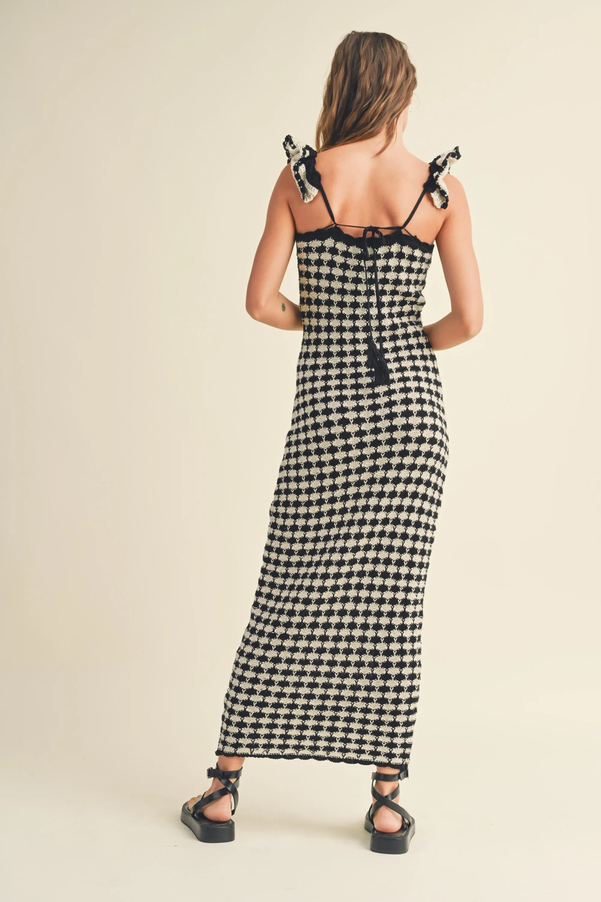 Black Crochet Knit Ruffle Strap Midi Dress sold by Pinkblush product image thumbnail 3