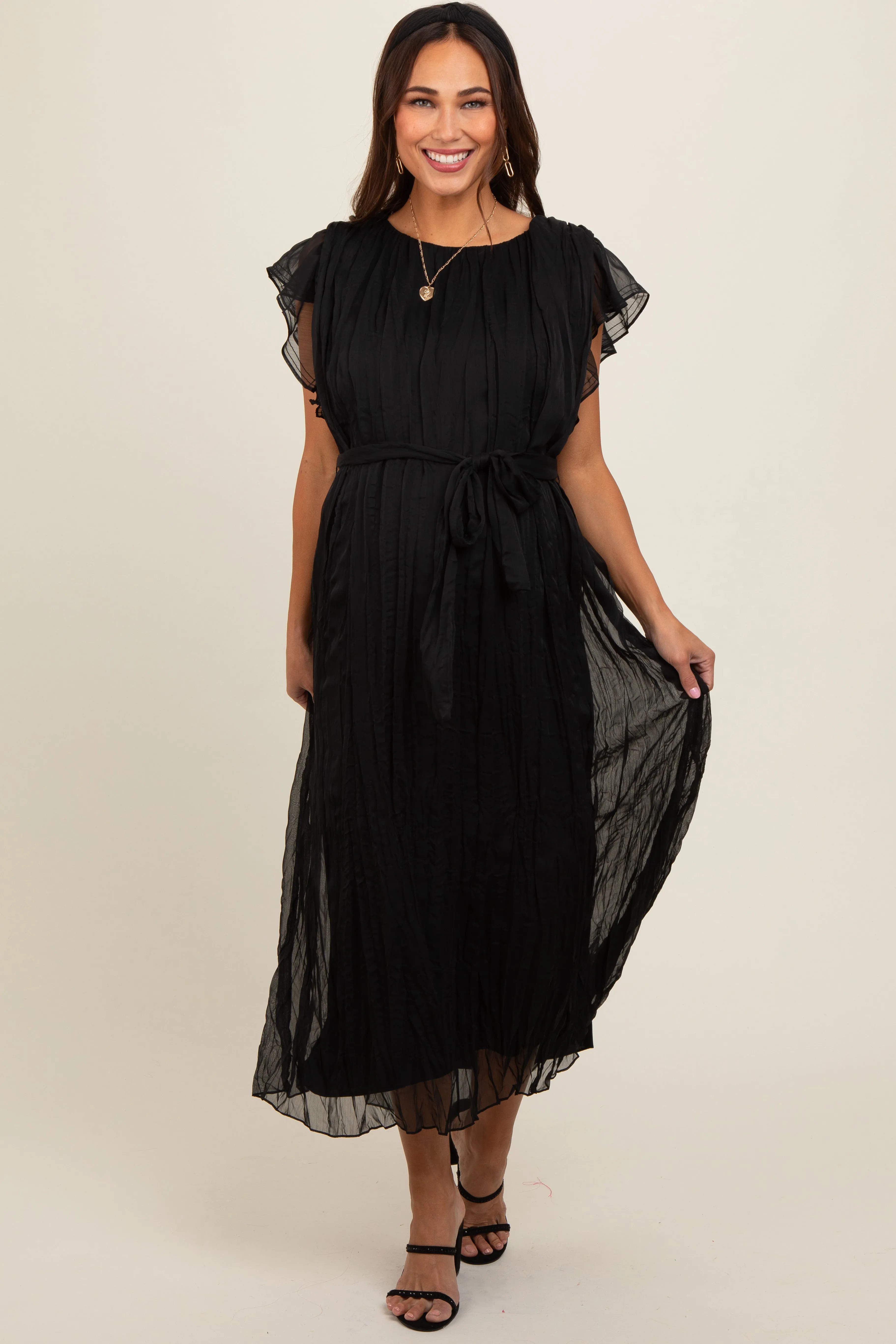 Black Short Sleeve Crinkle Self Tie Maternity Dress sold by Pinkblush