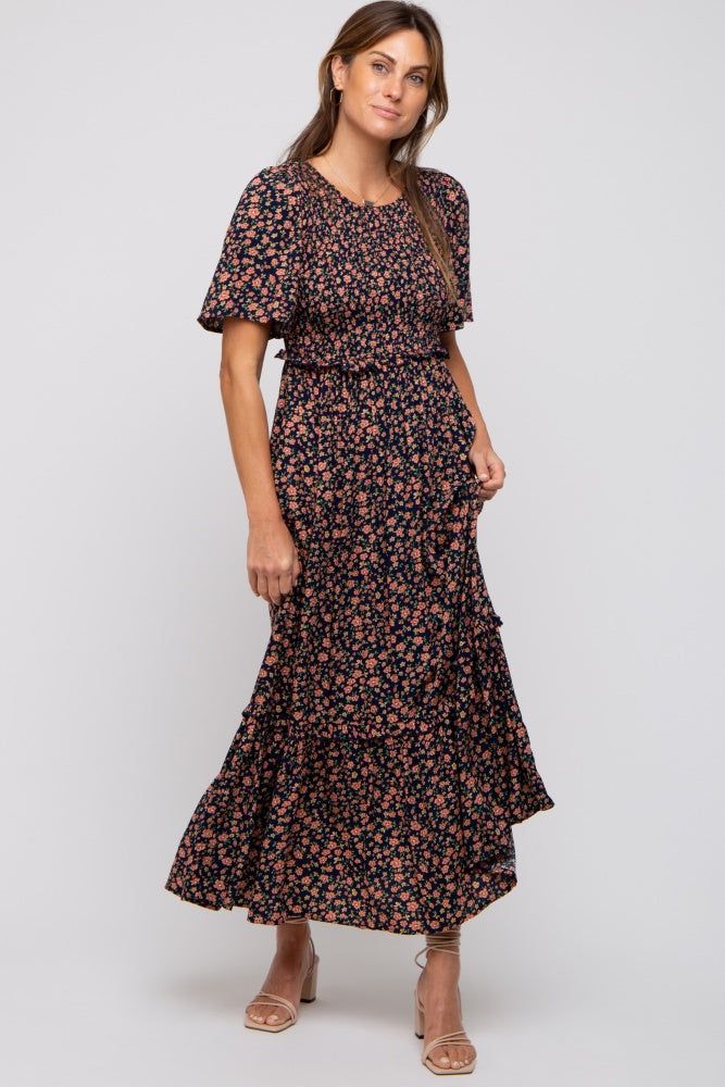 Navy Blue Floral Smocked Flutter Short Sleeve Midi Dress sold by Pinkblush product image thumbnail 5