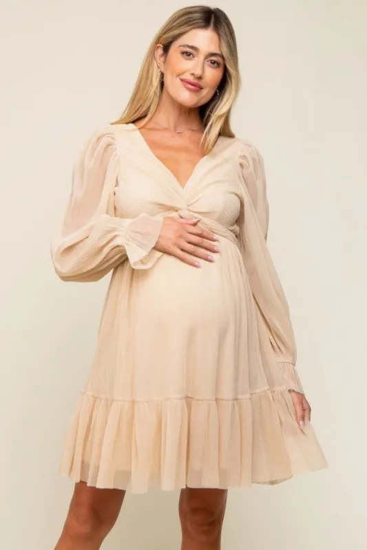 Beige Pleated Knotted Long Sleeve Maternity Dress sold by Pinkblush