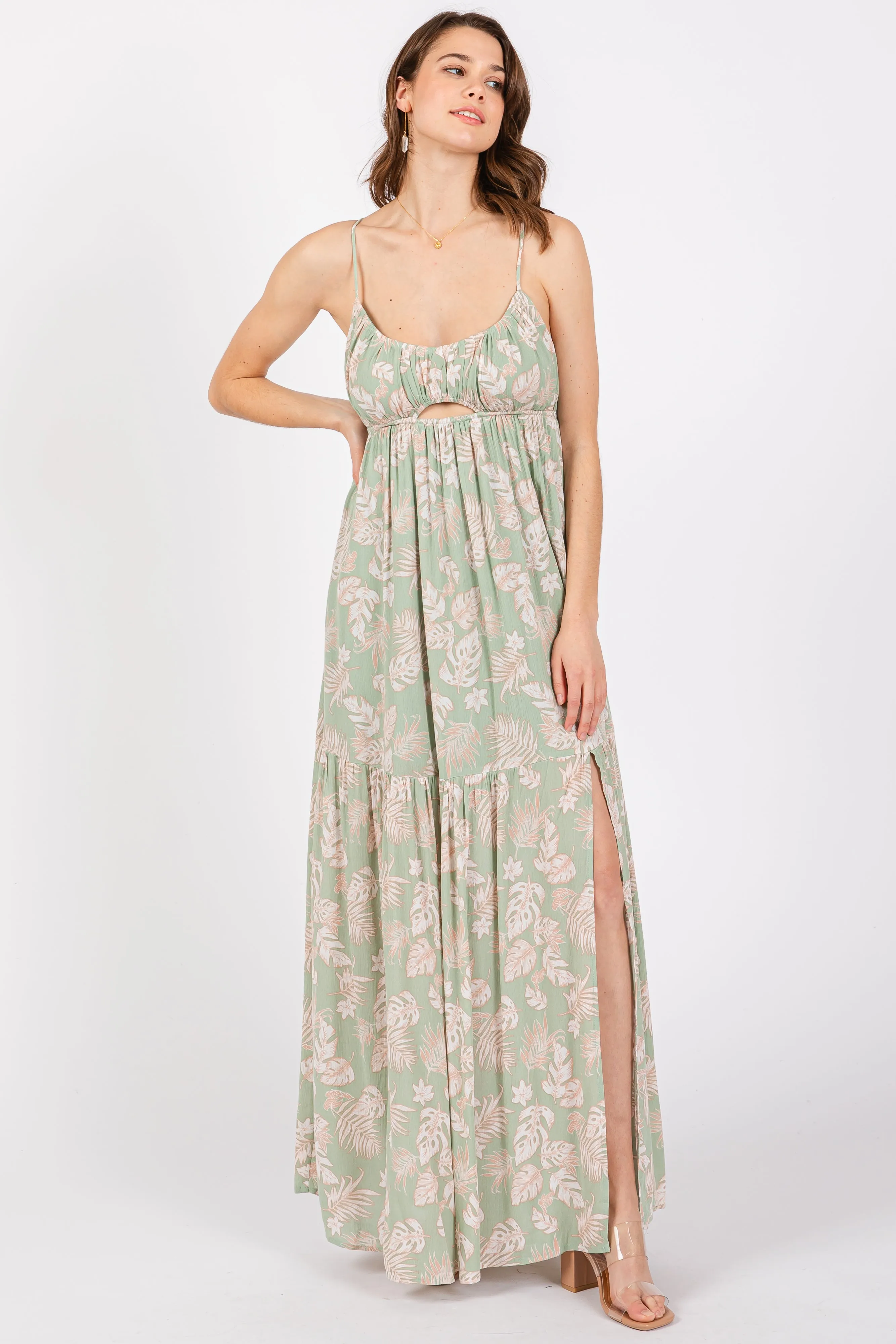 Light Olive Foral Front Cutout Open Cross Back Maternity Maxi Dress sold by Pinkblush product image thumbnail 5