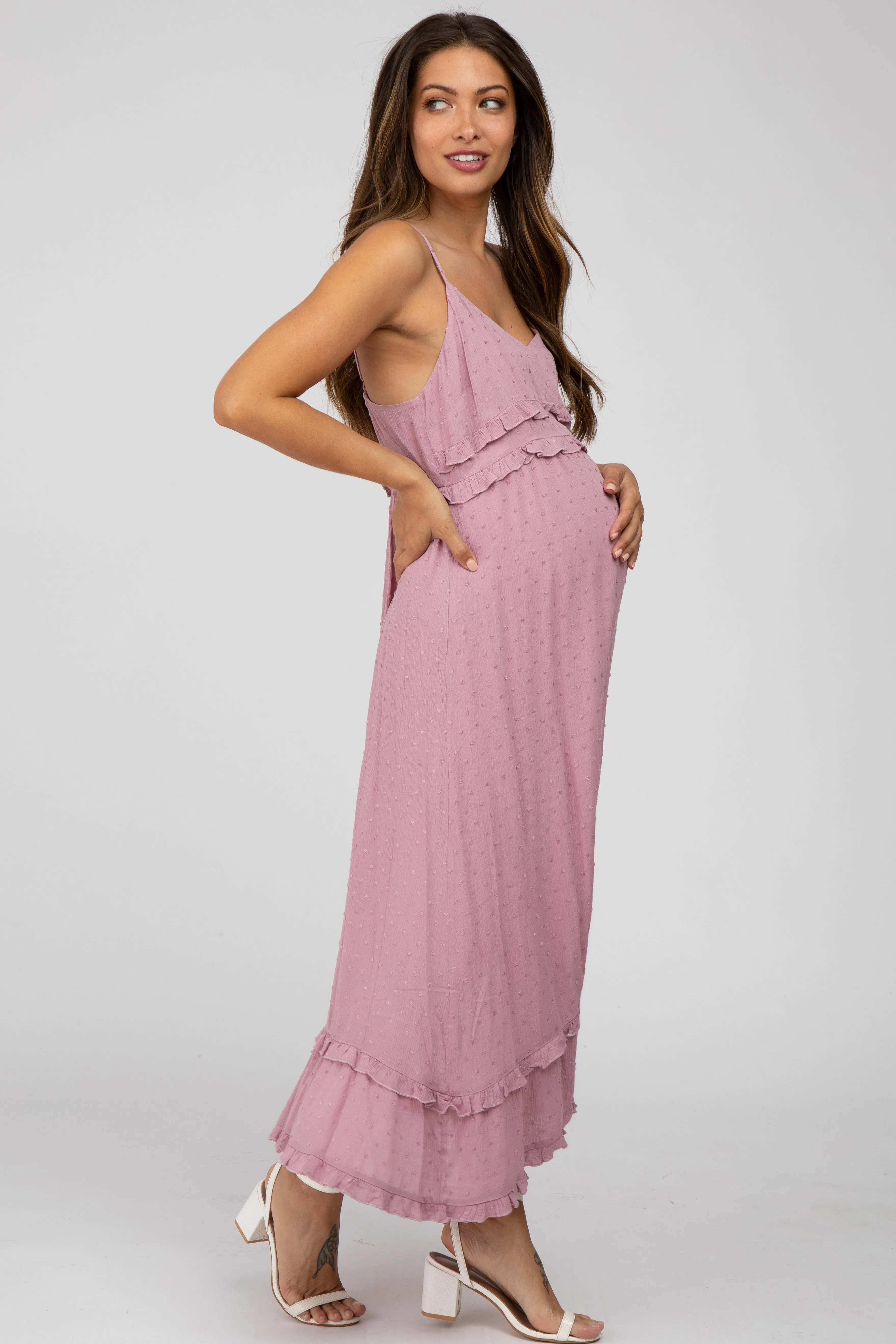 Mauve Swiss Dot Ruffle Accent Maternity Maxi Dress sold by Pinkblush product image thumbnail 2