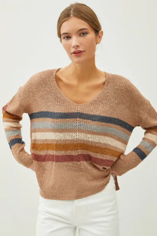 Mocha Rainbow Stripe Long Sleeves Knit Sweater sold by Pinkblush