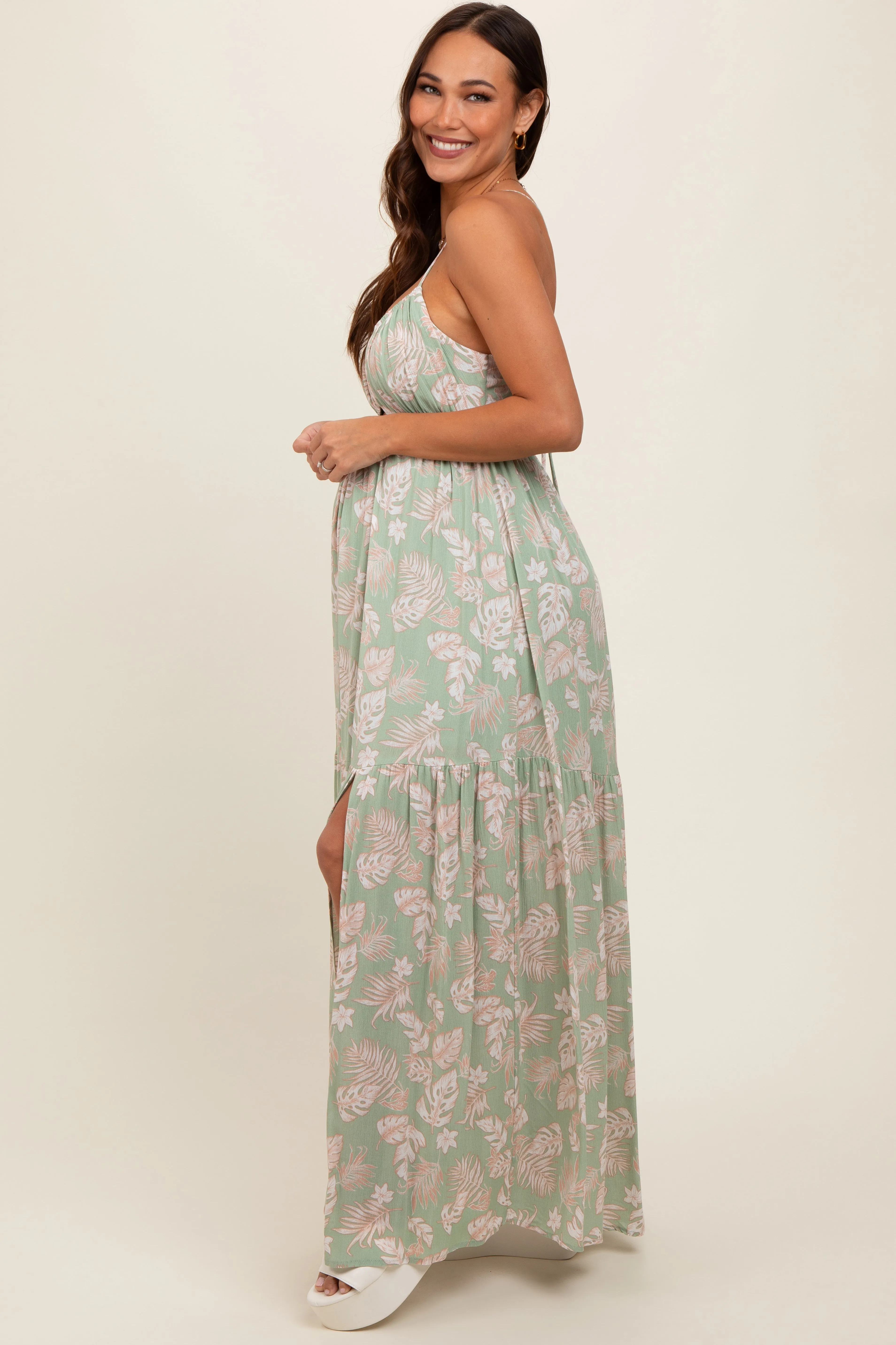 Light Olive Foral Front Cutout Open Cross Back Maternity Maxi Dress sold by Pinkblush product image thumbnail 3