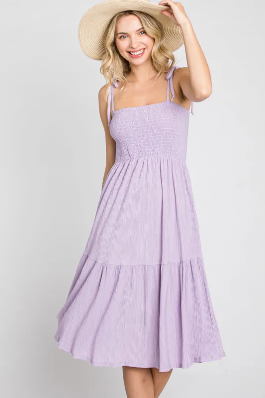 Lavender Smocked Shoulder Tie Dress sold by Pinkblush